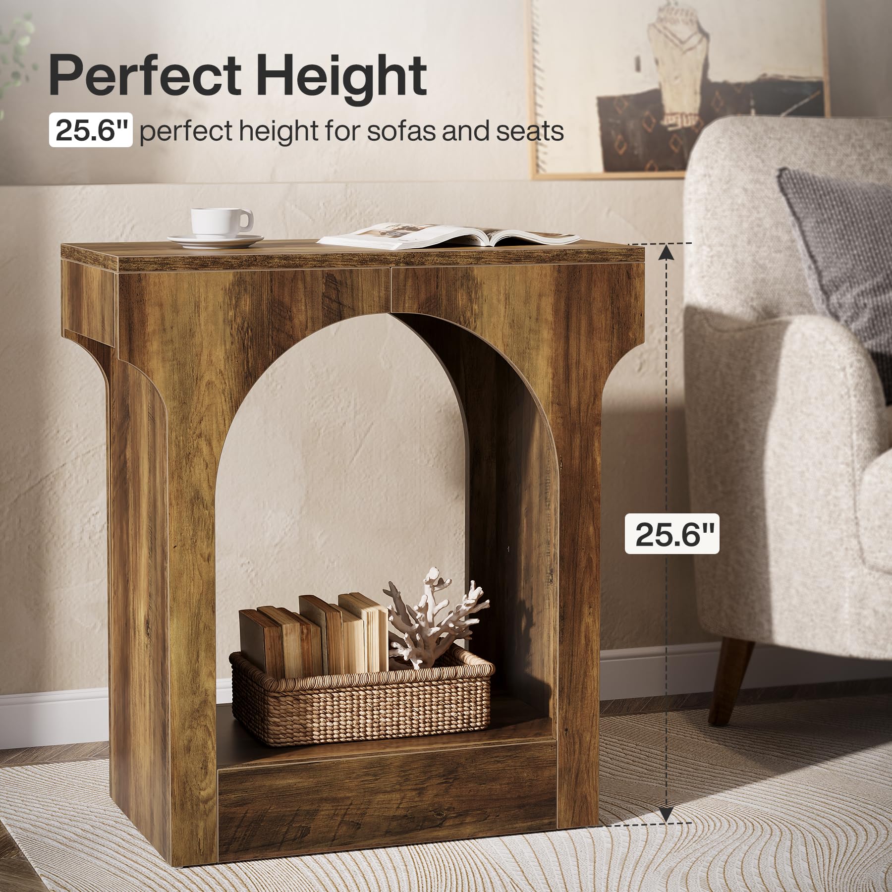 Wood End Table Set of 2, Side Table with Storage Space for Living Room, Narrow Nightstand for Bedroom, Rustic Brown