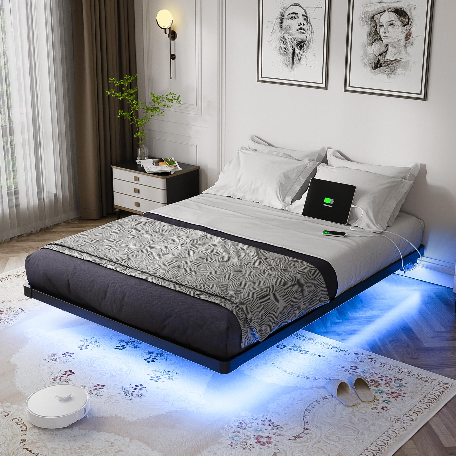 Floating Bed Frame Full Size with Smart LED Lights and Charging Station - Modern Metal Platform Bed, Easy Assembly No Box Spring Needed