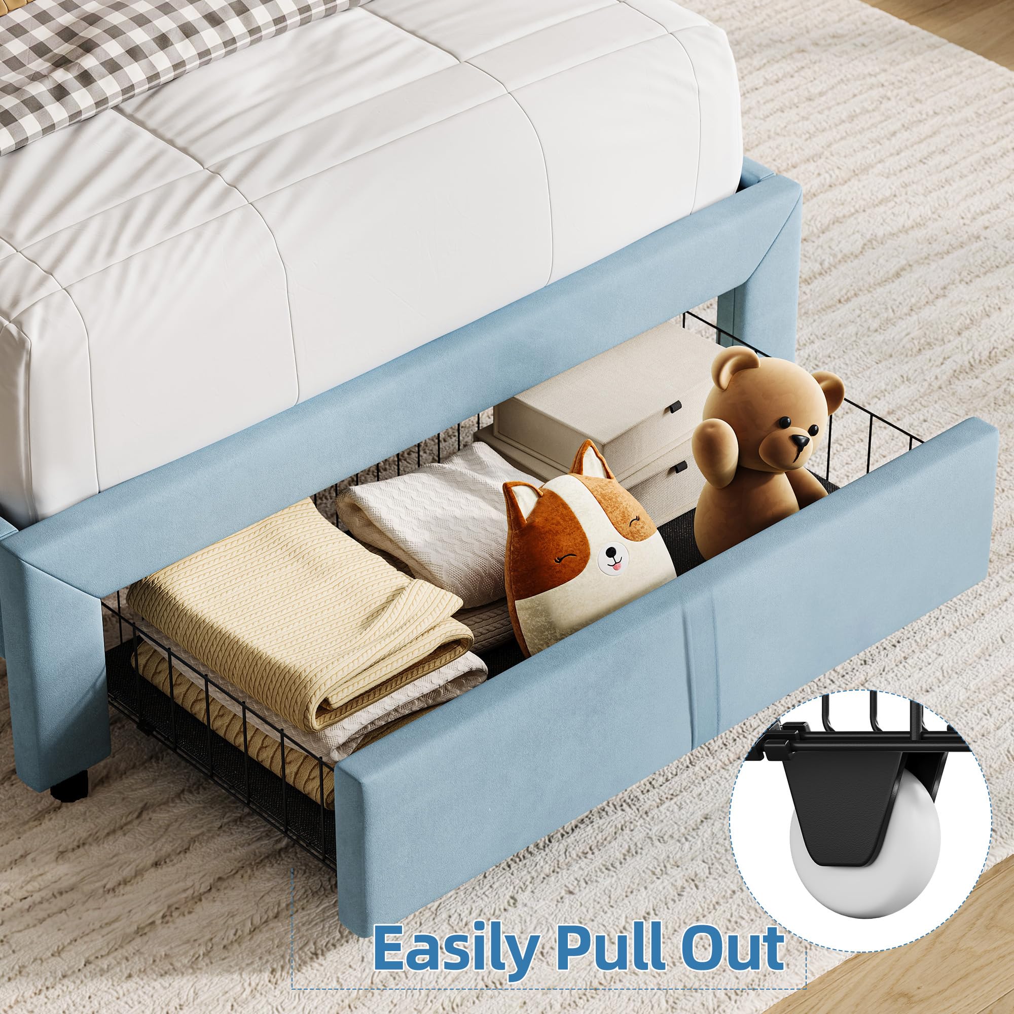 Set of 2 Twin Kids Beds – Blue Upholstered Platform Frames with Storage Drawers & Bookcase Headboards, No Box Spring Needed