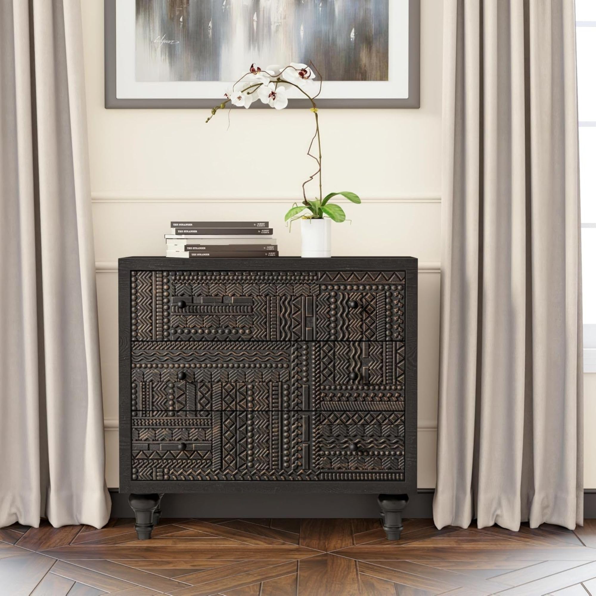 3-Drawer Farmhouse Dresser with Geometric Carved Design, Vintage Wood Storage Chest for Bedroom, Living Room, Boho Style, Black, Assembled