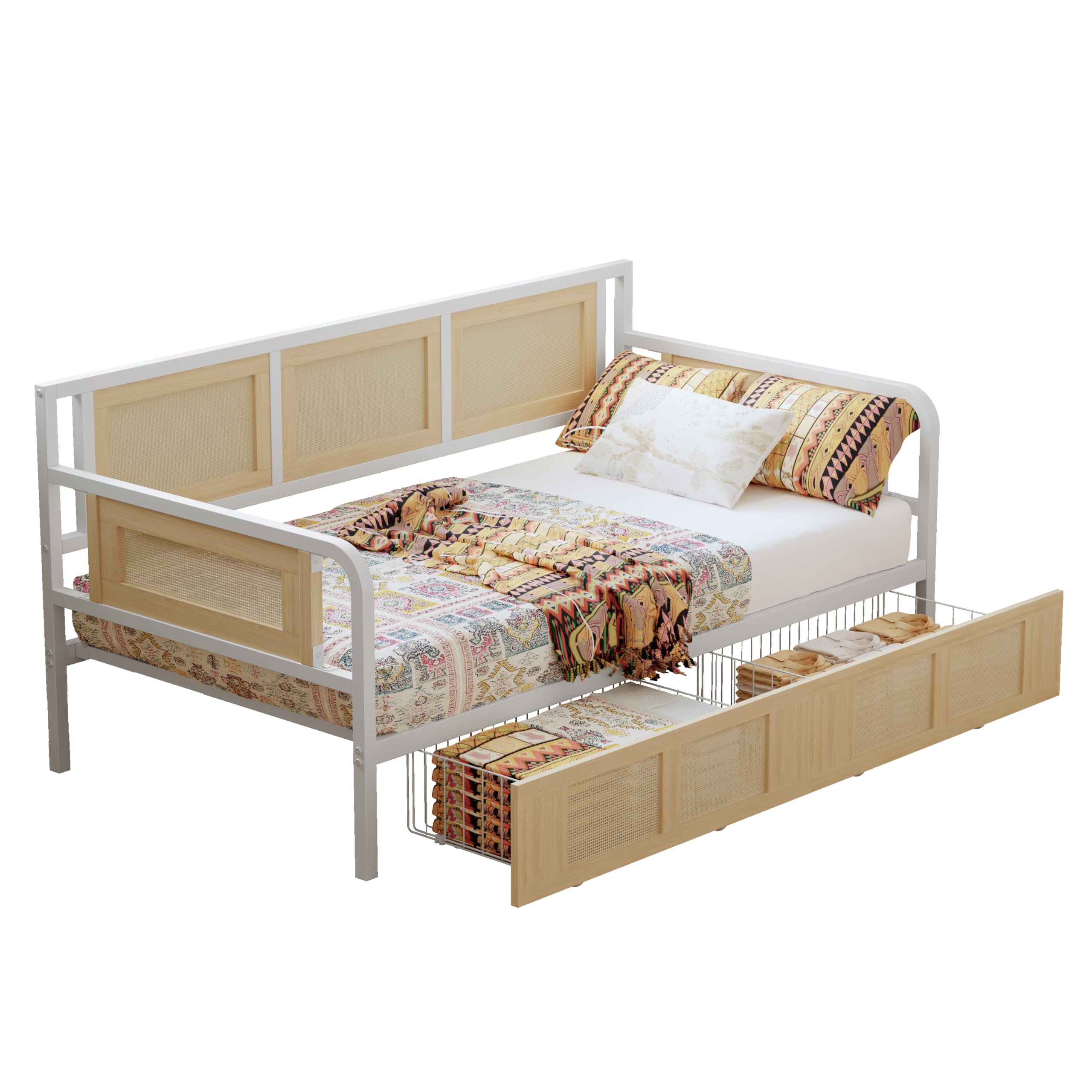 Twin Daybed with Storage Drawers, Rattan Style Corner Bed Frame with Strong Supports for Bedroom, Living Room, Guest Room
