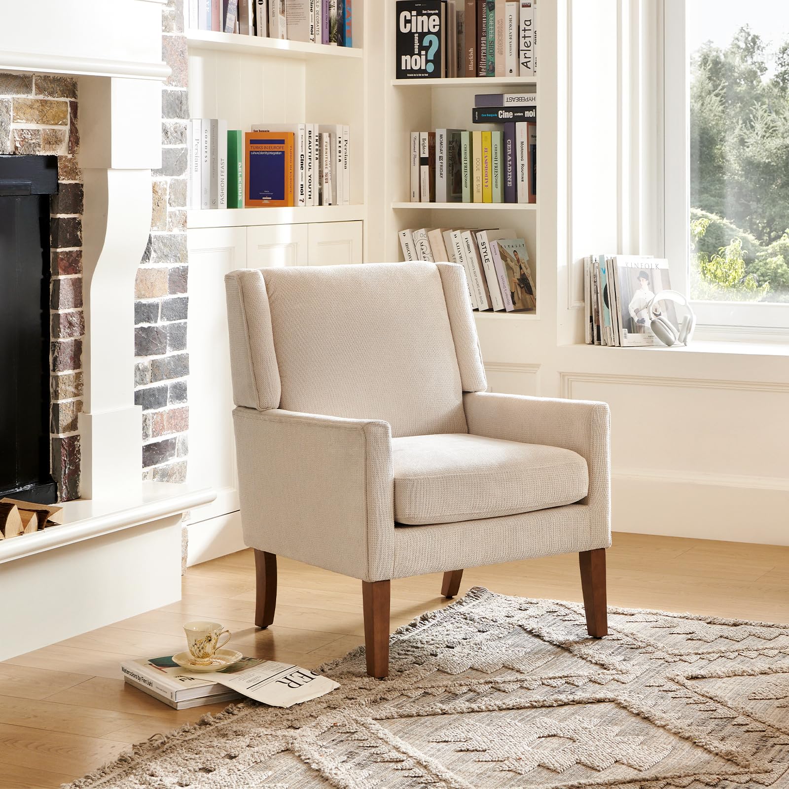 Modern Wingback Living Room Chair, Upholstered Fabric Accent Armchair, Single Sofa Chair with Lounge Seat and Wood Legs for Office/Bedroom/Reading Spaces, Beige
