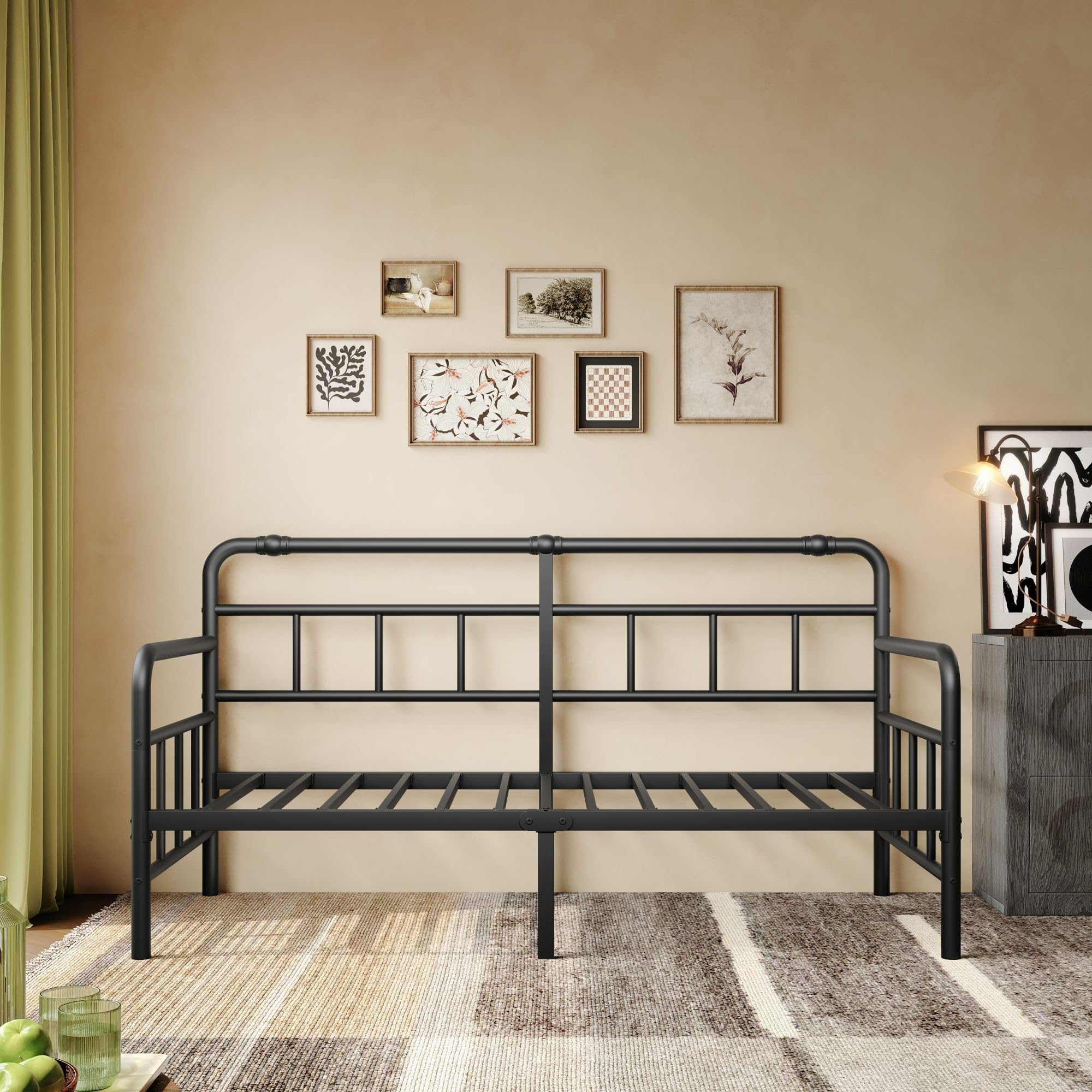 Twin Daybed Frame with Classic Headboard, Heavy-Duty Metal Sofa Bed with Steel Slats for Bedroom, Guest Room, Black