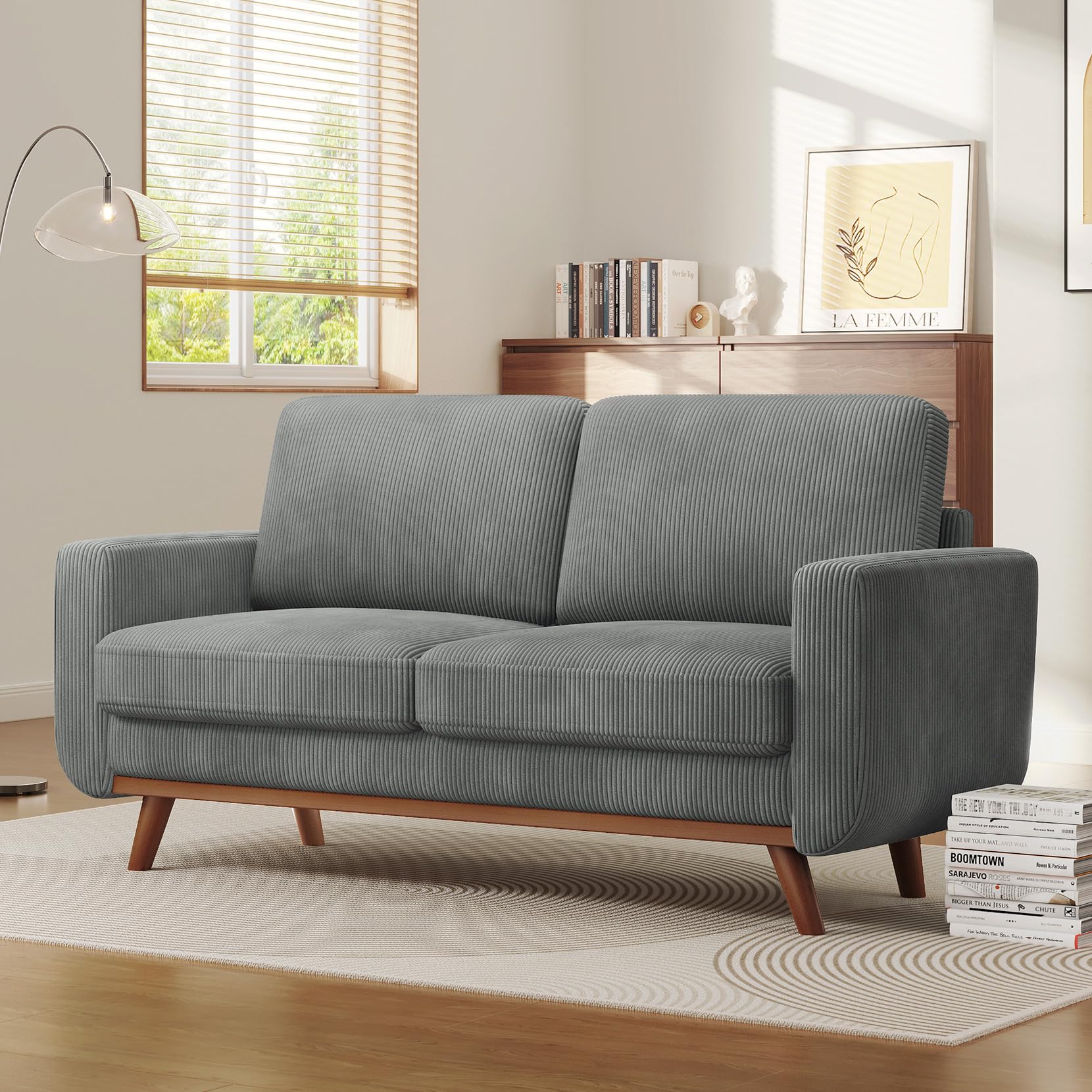 68" Loveseat Sofa Dark Gray, Comfy Corduroy Couch with Spring Cushion and Solid Wood, Modern Extra Deep Seat for Bedroom, Living Room, Office