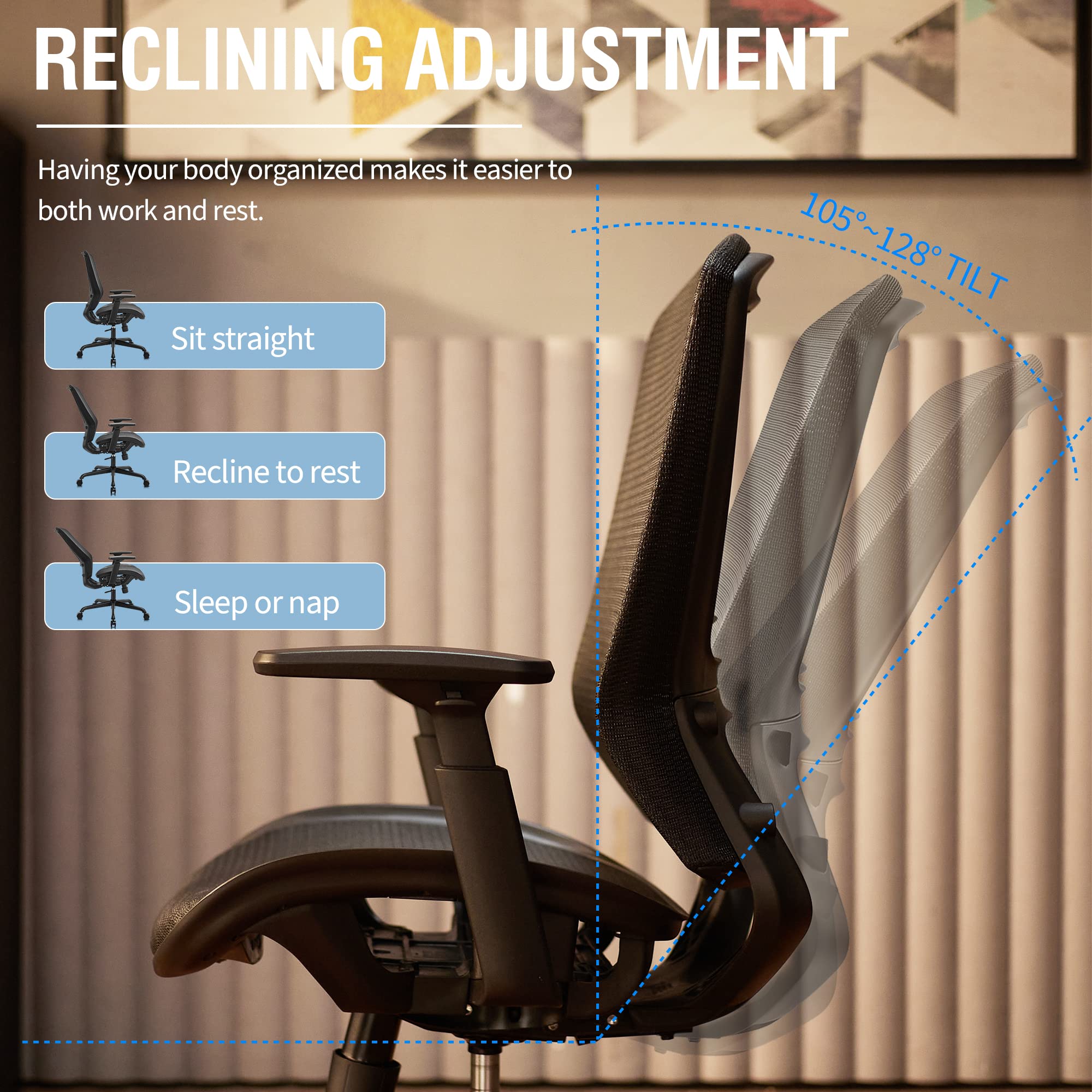 Mesh Office Chair, Ergonomic Computer Desk Chair with Adjustable Lumbar & Armrests, Tilt Function, Wide Seat, Swivel Task Chair, Black
