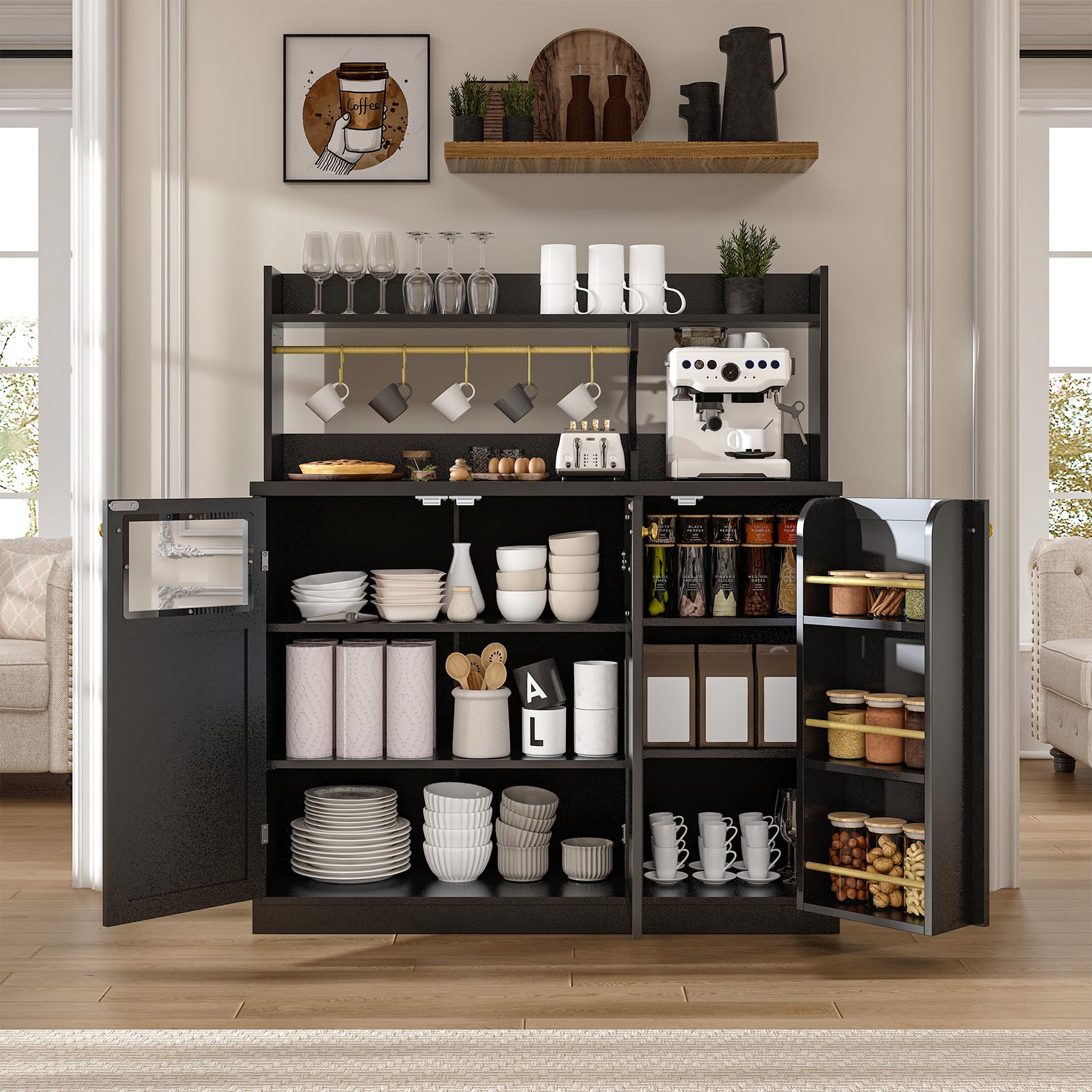 48'' Tall Buffet Sideboard Cabinet with 3 Doors and 5-Tier Shelf, Buffet Table Coffee Bar Wine Bar Storage Cabinet with Hooks for Dining