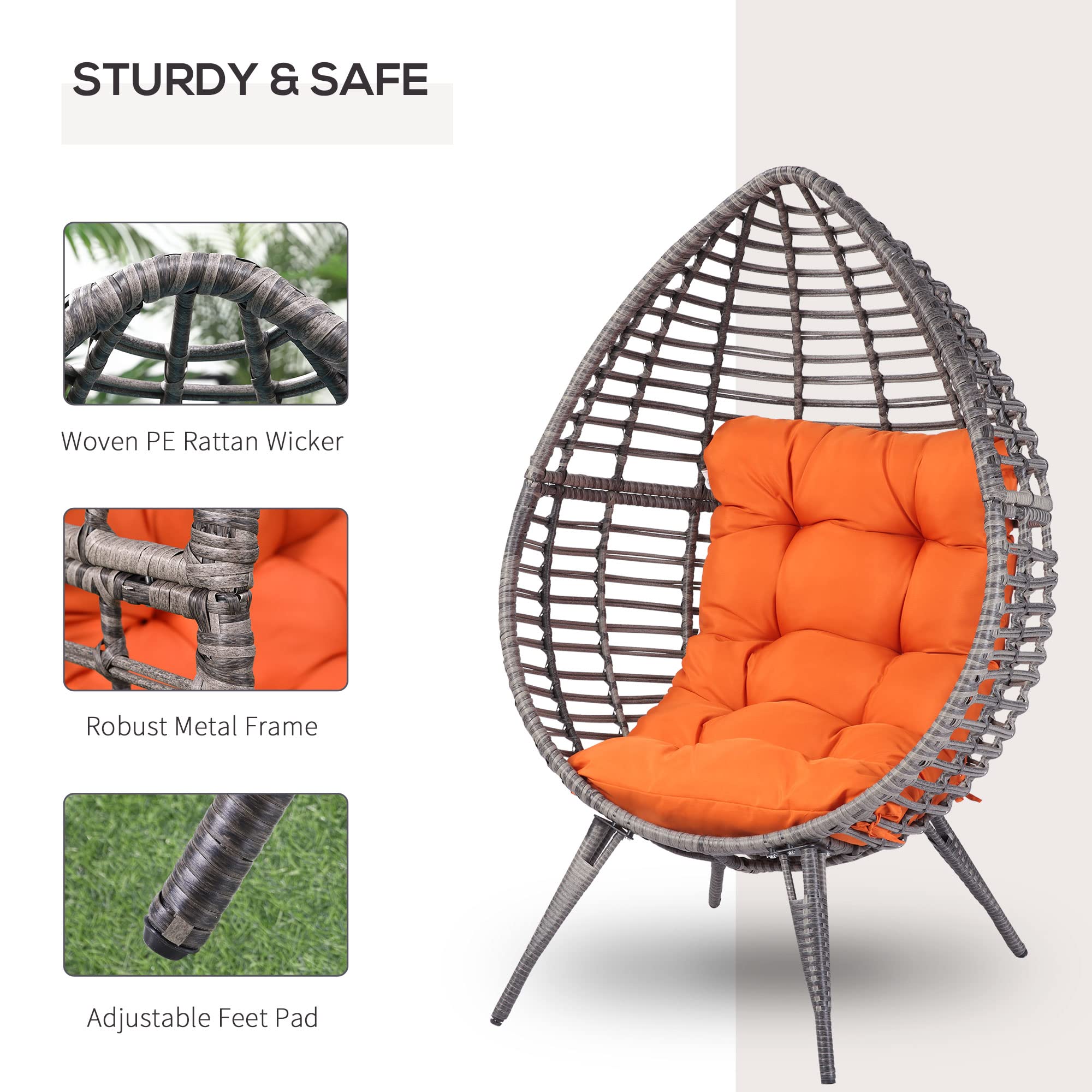 Patio Wicker Egg Chair with Soft Cushion, Teardrop Cuddle Seat, Indoor/Outdoor Rattan Chair with Adjustable Feet Pads, Orange