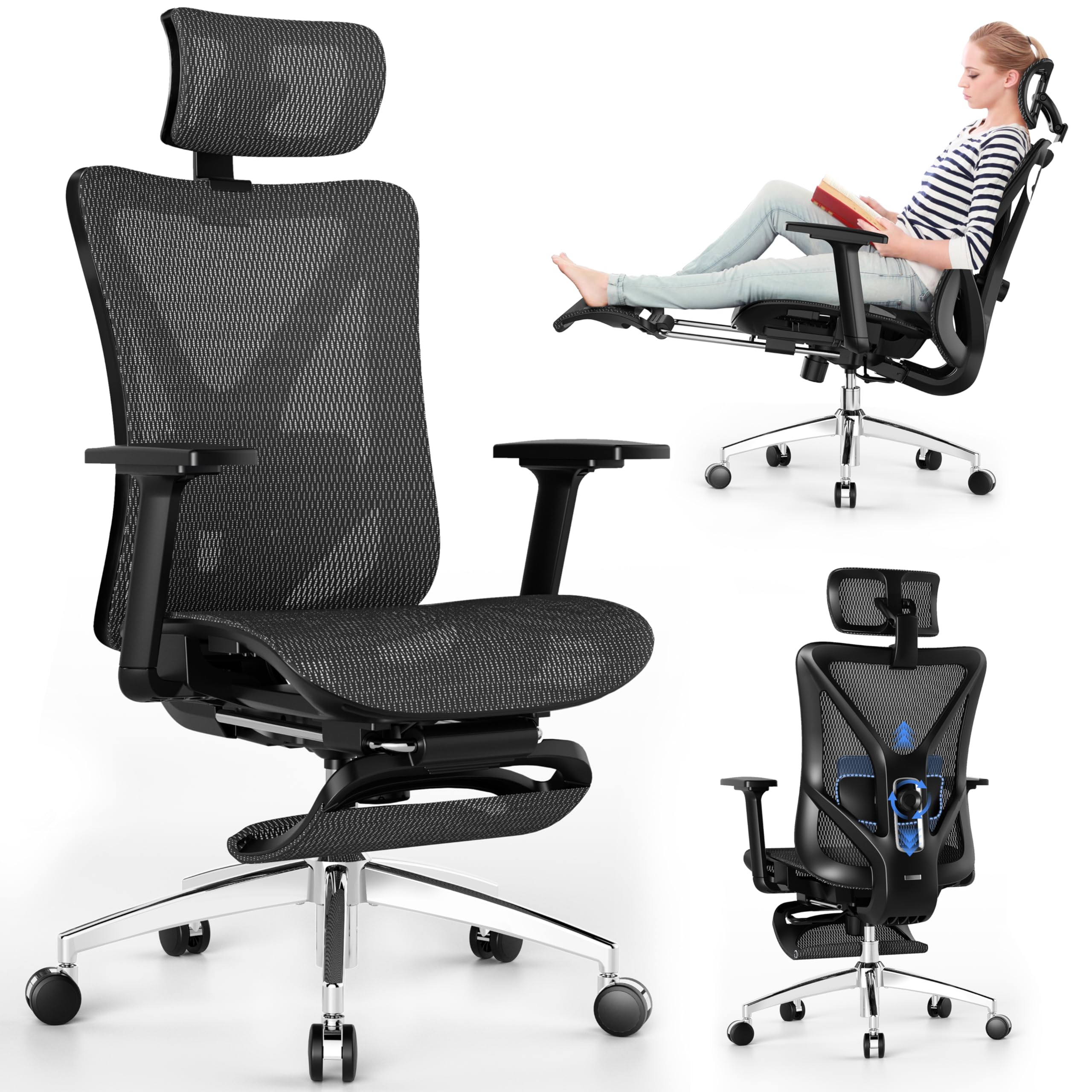 Ergonomic Office Chair with Adjustable Lumbar Support, 3D Armrests & Headrest, 135° Reclining Chair with Footrest & Large Steel Base,300LBS Swivel Desk Chair(GYMN01)