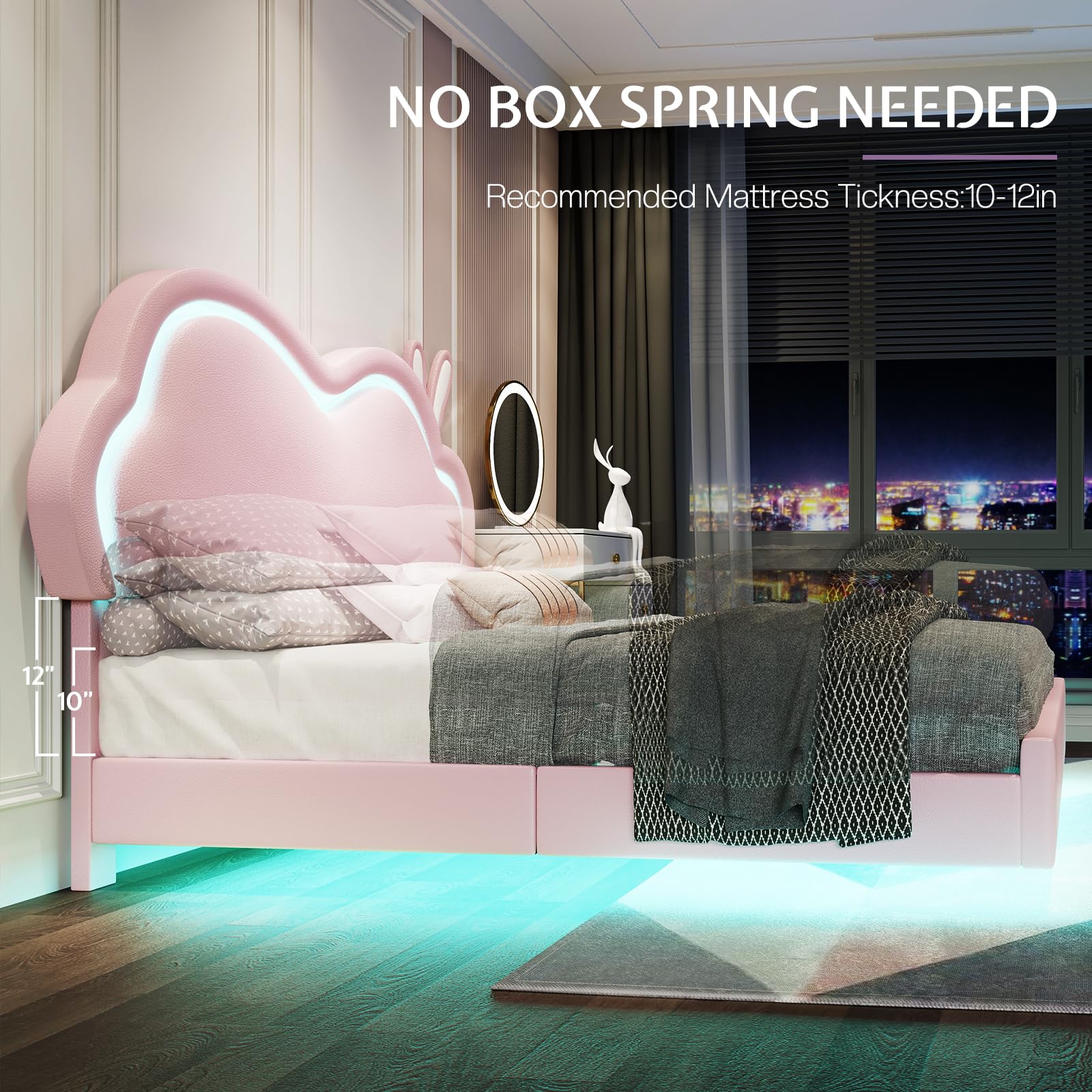 LED Full Bed Frame for Girls Upholstered Floating Bed with Cute Cloud Headboard, No Box Spring Needed, Leather, Pink
