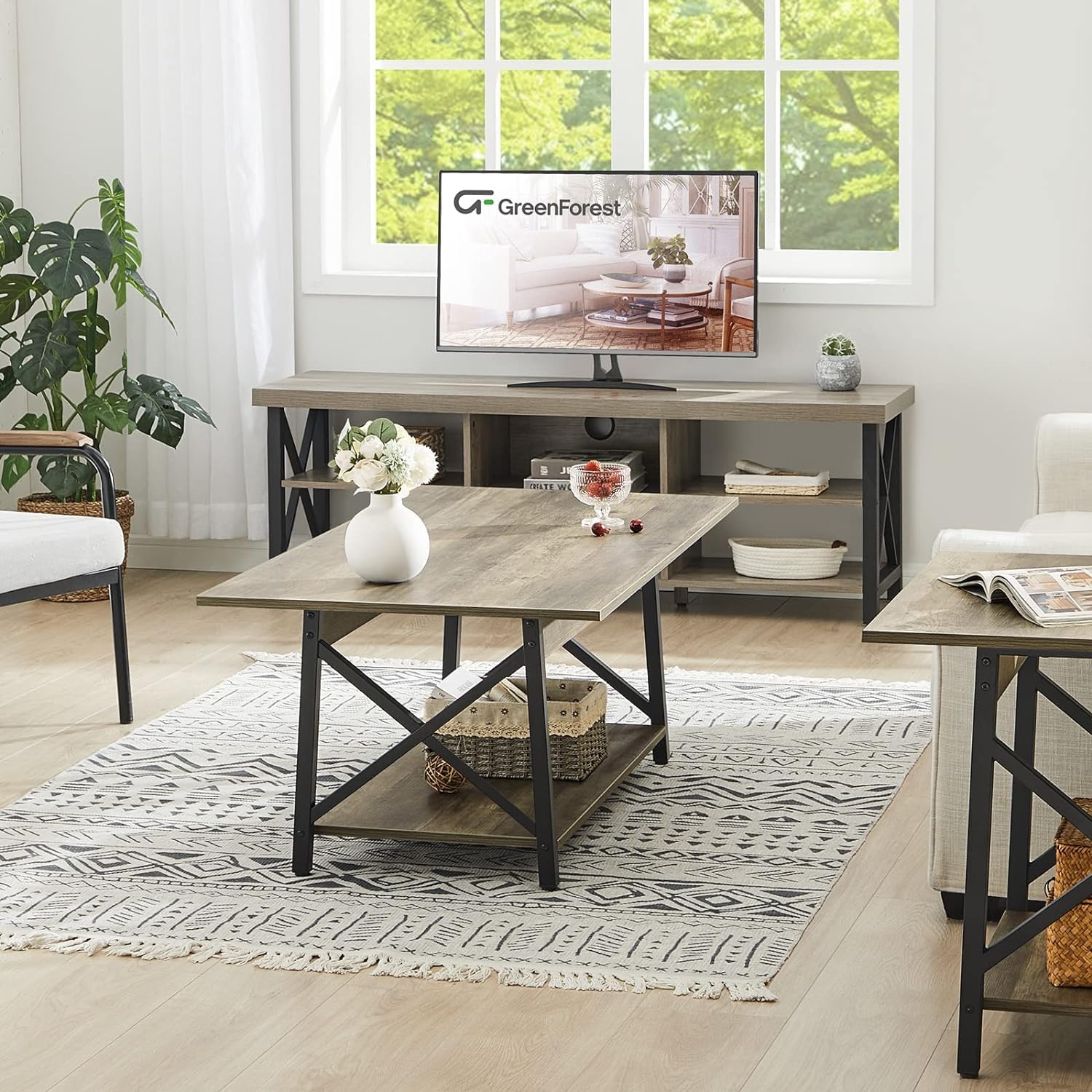 39" Coffee Table with Storage, Modern 2-Tier X-Frame Farmhouse Table for Living Room, Space-Saving, Easy Assembly, Grey Wash