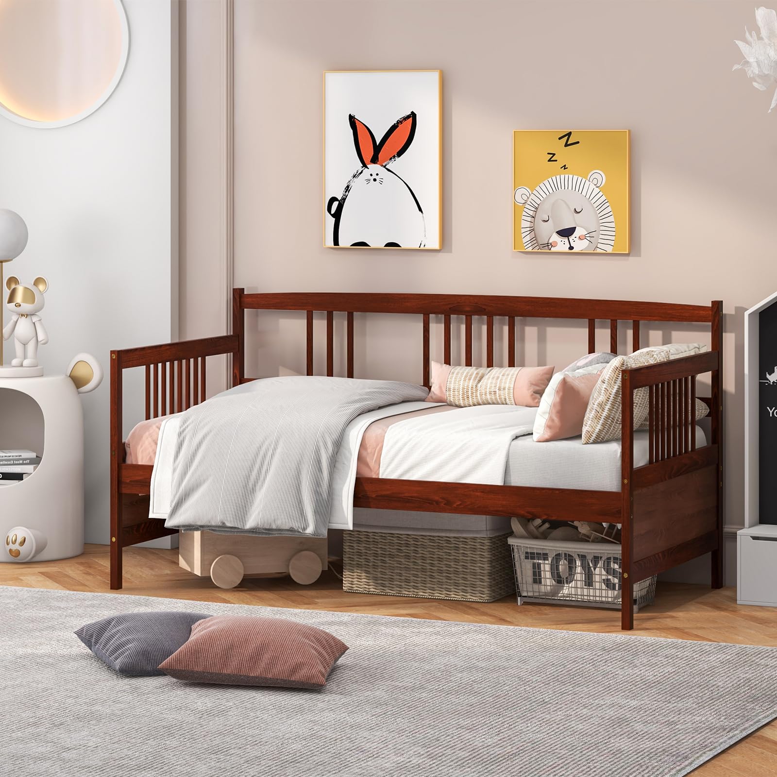 Twin Daybed Frame, Wooden Sofa Bed with Rails & Slat Support, Dual-Use Platform Bed for Bedroom or Living Room, No Box Spring Needed, Cherry