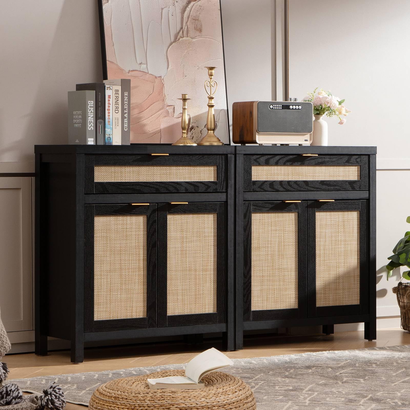 Sideboard Buffet Storage Cabinet Set of 2, Rattan Credenza Buffet Table, Modern Console Accent Cabinet with Doors and Drawer, Coffee Bar
