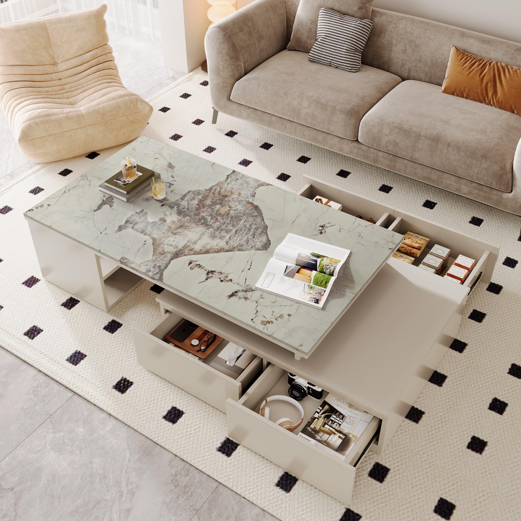 Extendable Tabletop Coffee Table with 4 Drawers & Storage Shelf, Modern from 51-Inch to 71-Inch Center Table for Living Room, Faux Marble Veneer