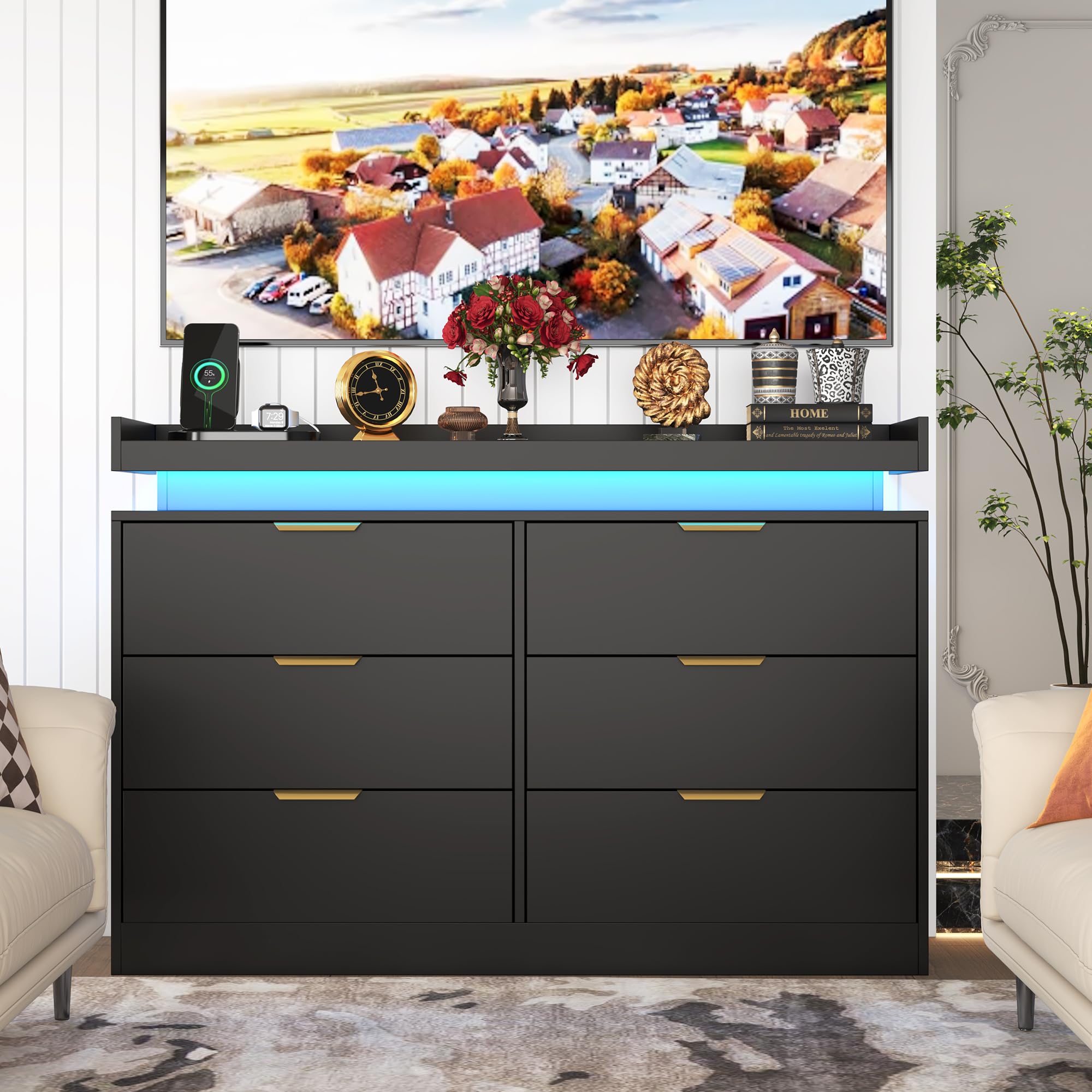 6-Drawer Black Dresser with LED Lights & Power Outlet, Modern Chest of Drawers for Bedroom, Closet, Living Room, Entryway, Hallway