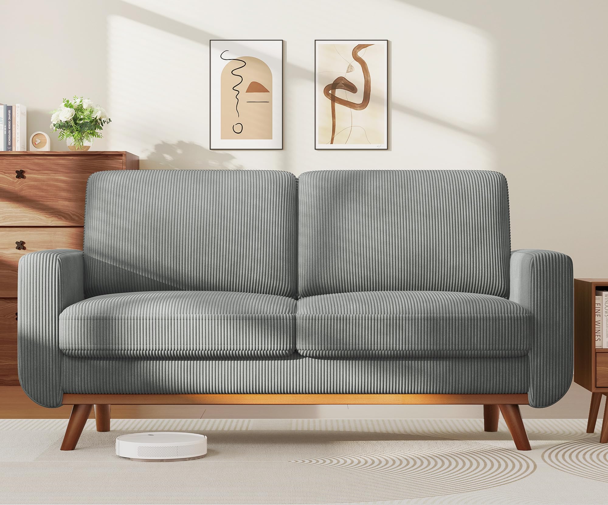 68" Loveseat Sofa Dark Gray, Comfy Corduroy Couch with Spring Cushion and Solid Wood, Modern Extra Deep Seat for Bedroom, Living Room, Office