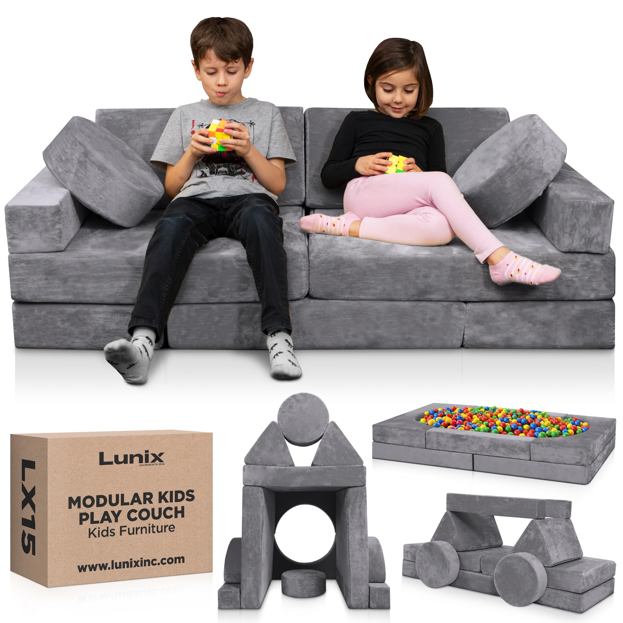 LX15 Modular Kids Play Couch, 14pcs Convertible Foam Sectional Sofa for Toddlers, Fortplay Furniture for Bedroom & Playroom, Steel Gray