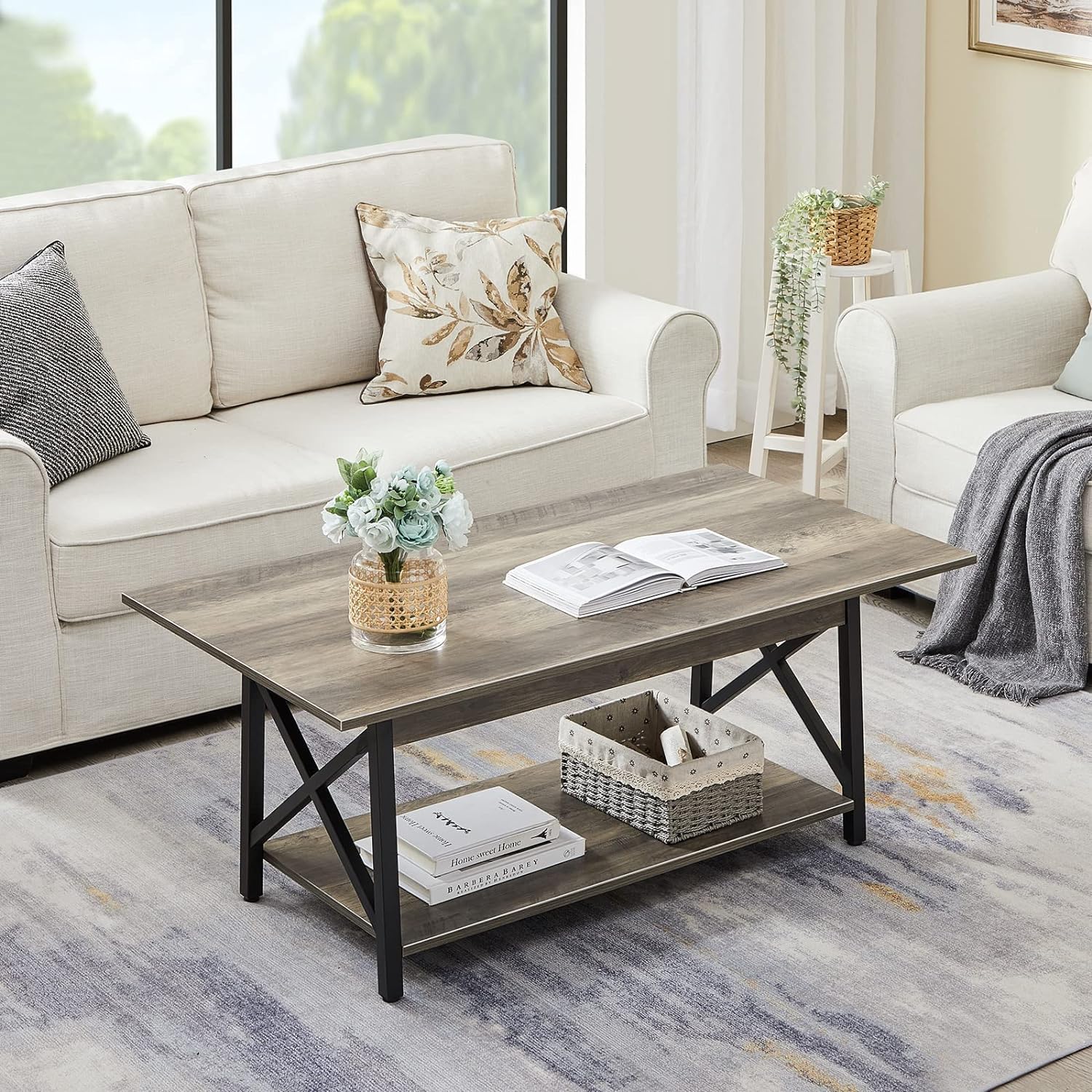 39" Coffee Table with Storage, Modern 2-Tier X-Frame Farmhouse Table for Living Room, Space-Saving, Easy Assembly, Grey Wash