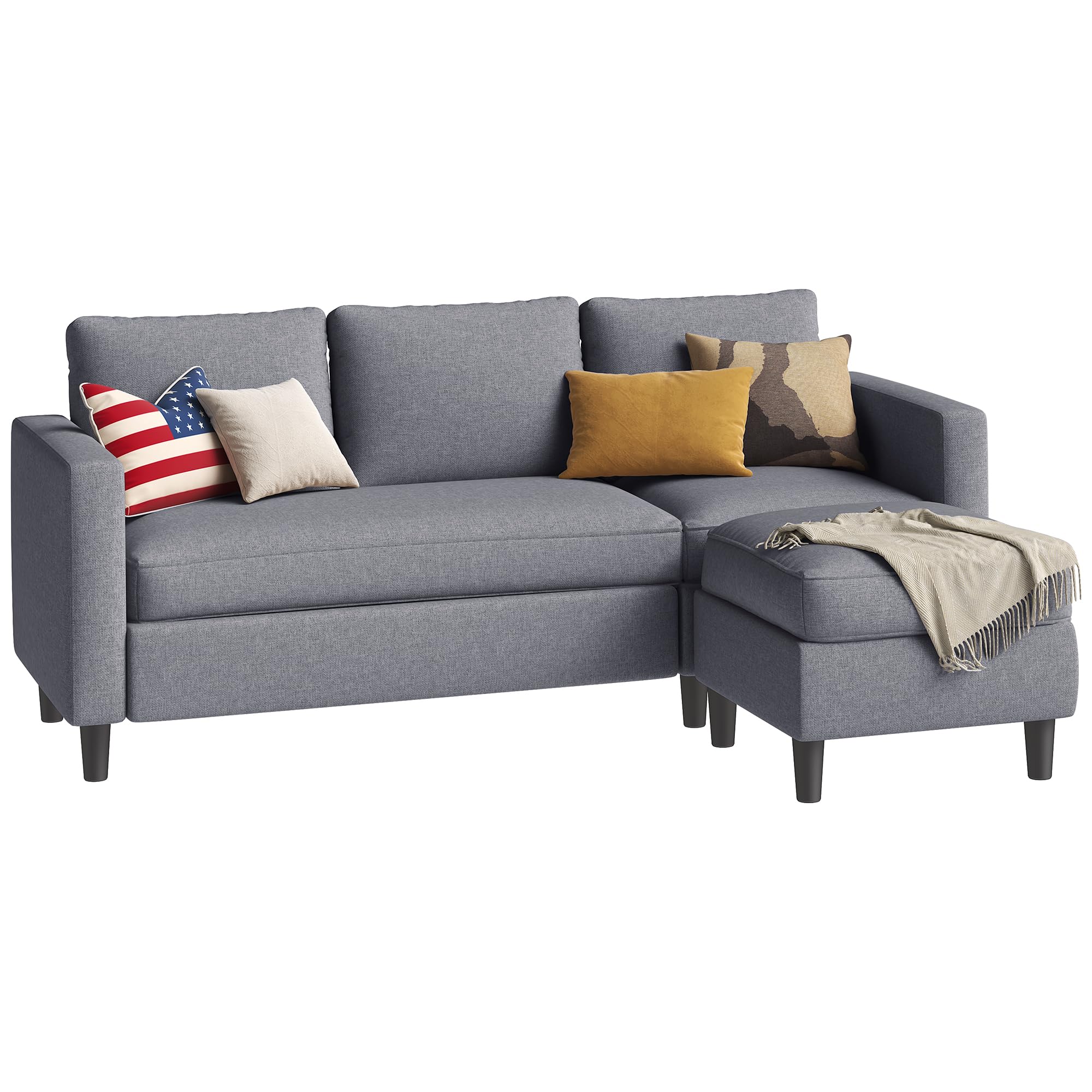 Small Sectional Couch, 3-Seat L-Shaped Sofa with Ottoman, Convertible Fabric Upholstered Sofa for Apartment, Living Room, Office, Dark Grey