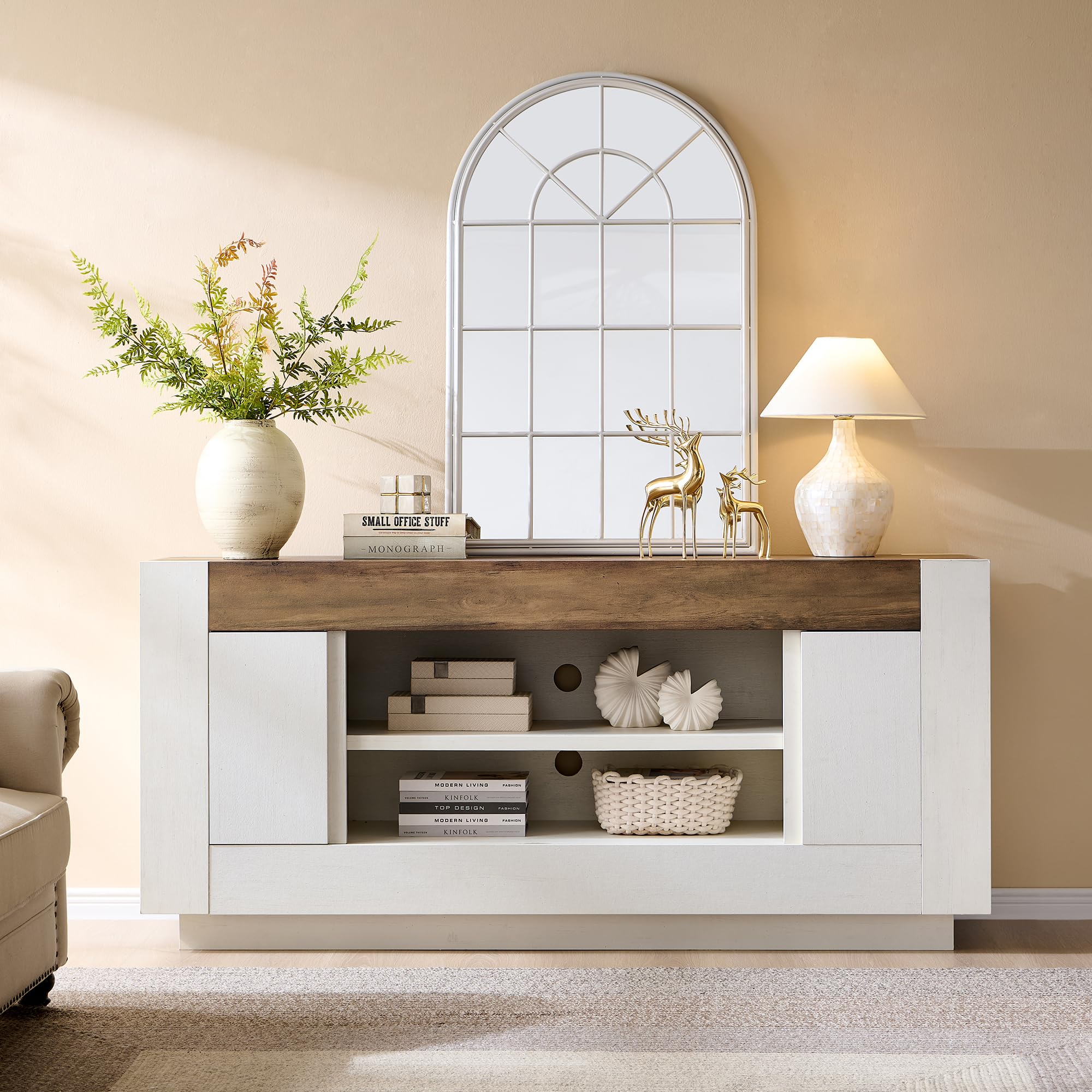 Modern 70" TV Stand, Entertainment Center for TVs up to 80", Media Console with Open Storage & Side Cabinets, Thick Wood Design, Antique White