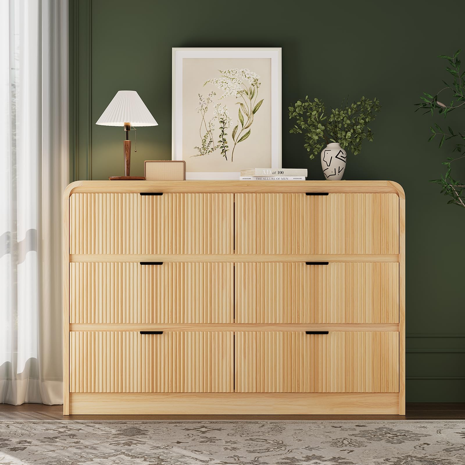 Fluted 6-Drawer Wooden Dresser, 54" Wide with Metal Handles, Curved Design, Modern Storage Organizer for Bedroom, Living Room, Natural Oak