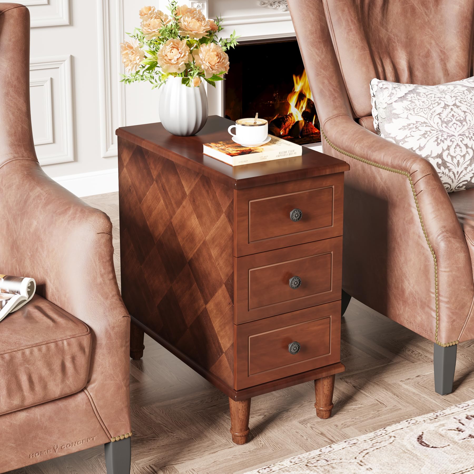 Solid Wood End Table, Fully Assembled Slim Side Table with Drawers, Narrow Nightstand for Small Spaces, Bedroom, Living Room, Brown