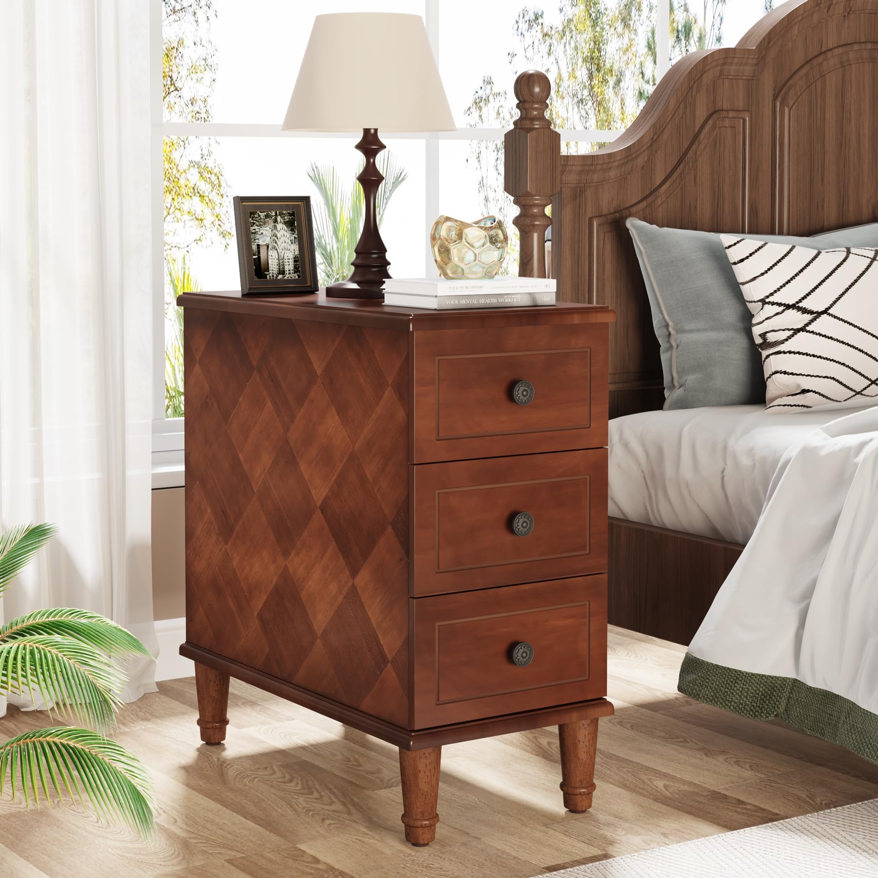 Solid Wood End Table, Fully Assembled Slim Side Table with Drawers, Narrow Nightstand for Small Spaces, Bedroom, Living Room, Brown