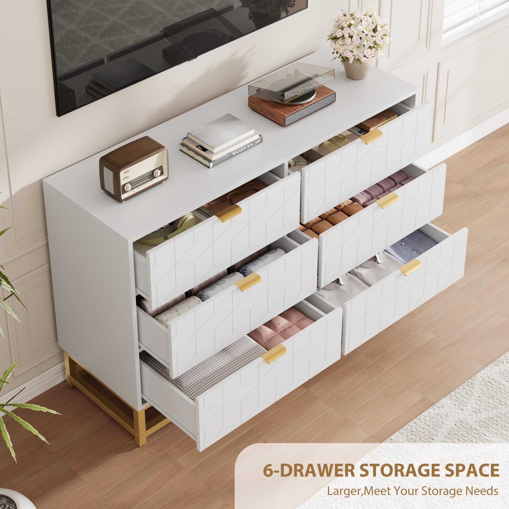 Modern White 6 Drawer Double Dresser with Gold Handles, Long Storage Chest for Bedroom, Closet, TV Stand, Entryway, Living Room