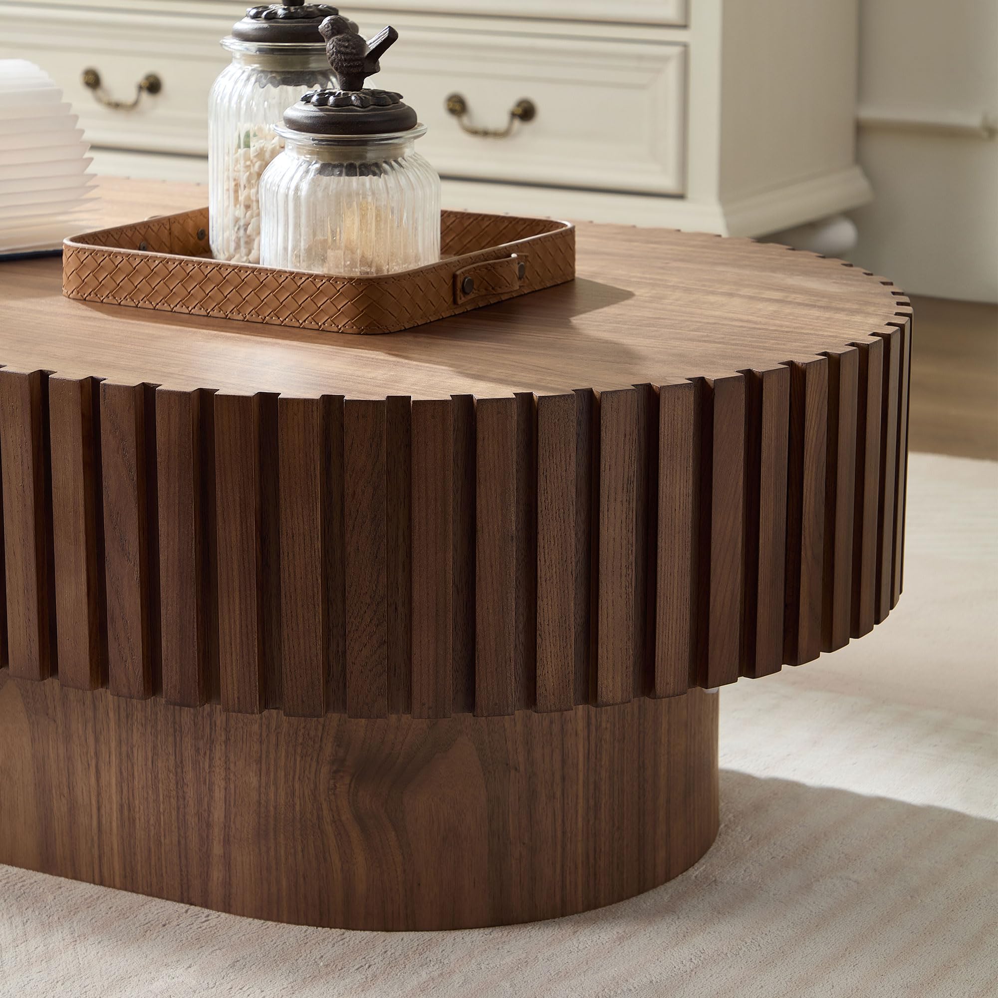Oval Coffee Table for Living Room Fluted Coffee Table with Pedestal Modern Handcrafted Centre Table Tea Table Easy Assembly 43.7" Walnut