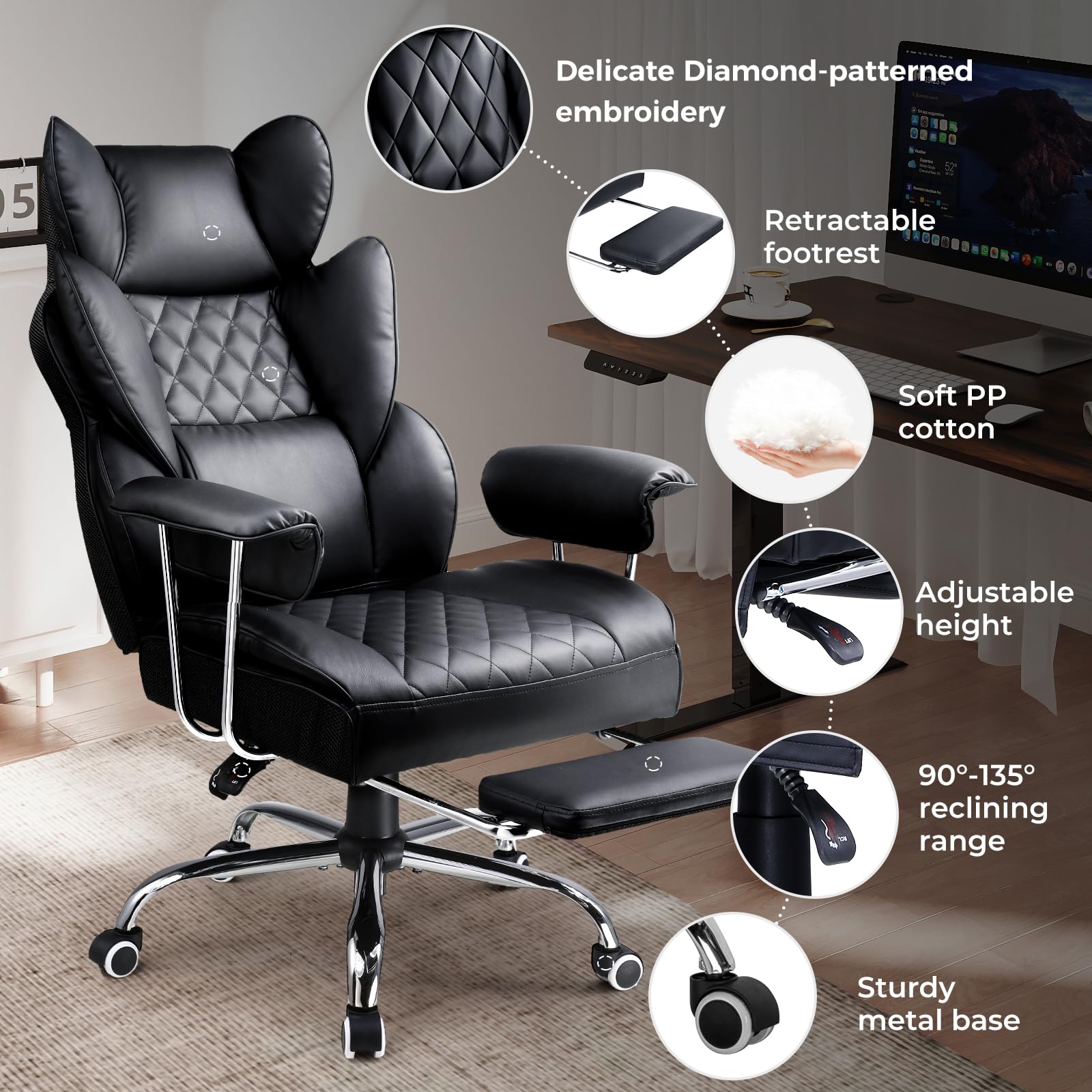 Big and Tall Office Chair, High Back Leather Gaming Chair with Footrest, Ergonomic Executive Chair with Lumbar Support & Soft Armrests
