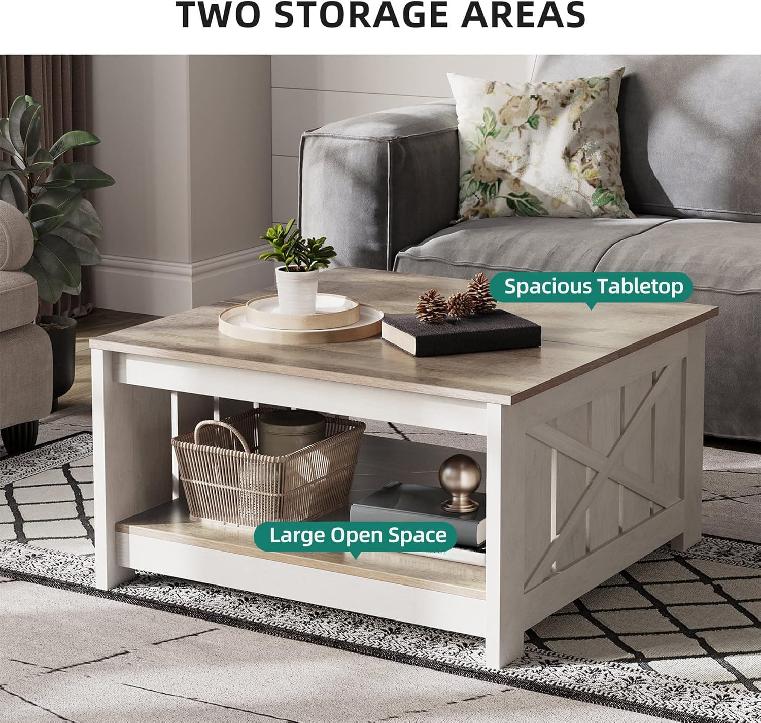 Farmhouse Coffee Table with Storage – Rustic Grey Wood Square Cocktail Table for Living Room, Half Open Compartment Design