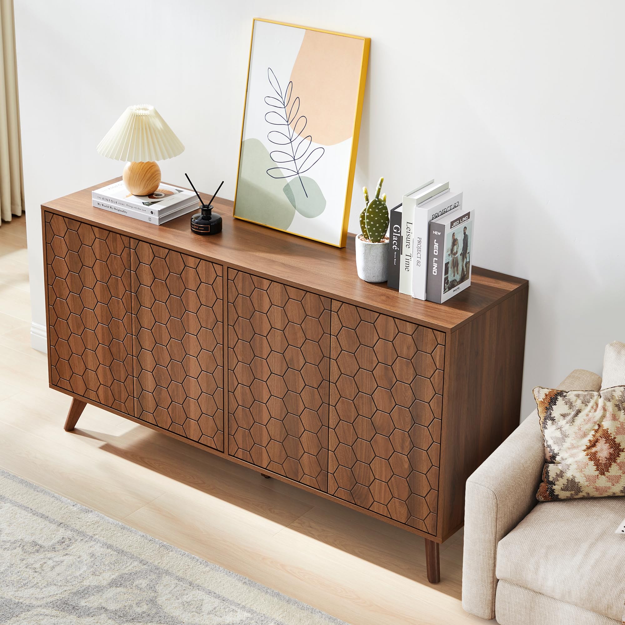 58'' Large Sideboard Buffet Cabinet with Storage, Mid Century Modern Storage Cabinet with 4 Doors & Shelves, Wooden Credenza Coffee Bar TV