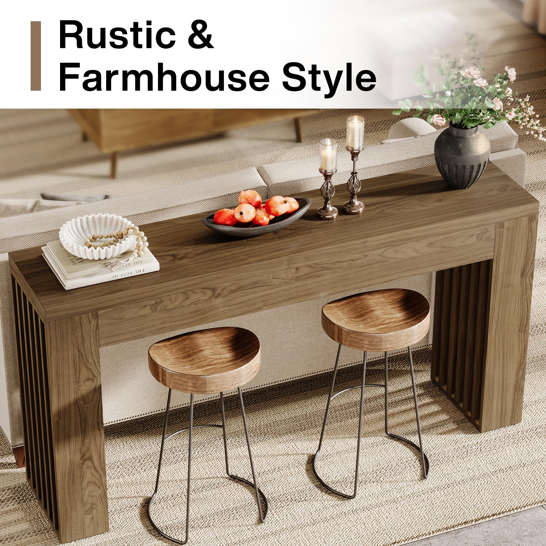 59-Inch Long Wooden Console Sofa Table Behind Couch with Vertical Slat Legs, Entryway Table for Hallway, Entrance, Living Room, Rustic Brown