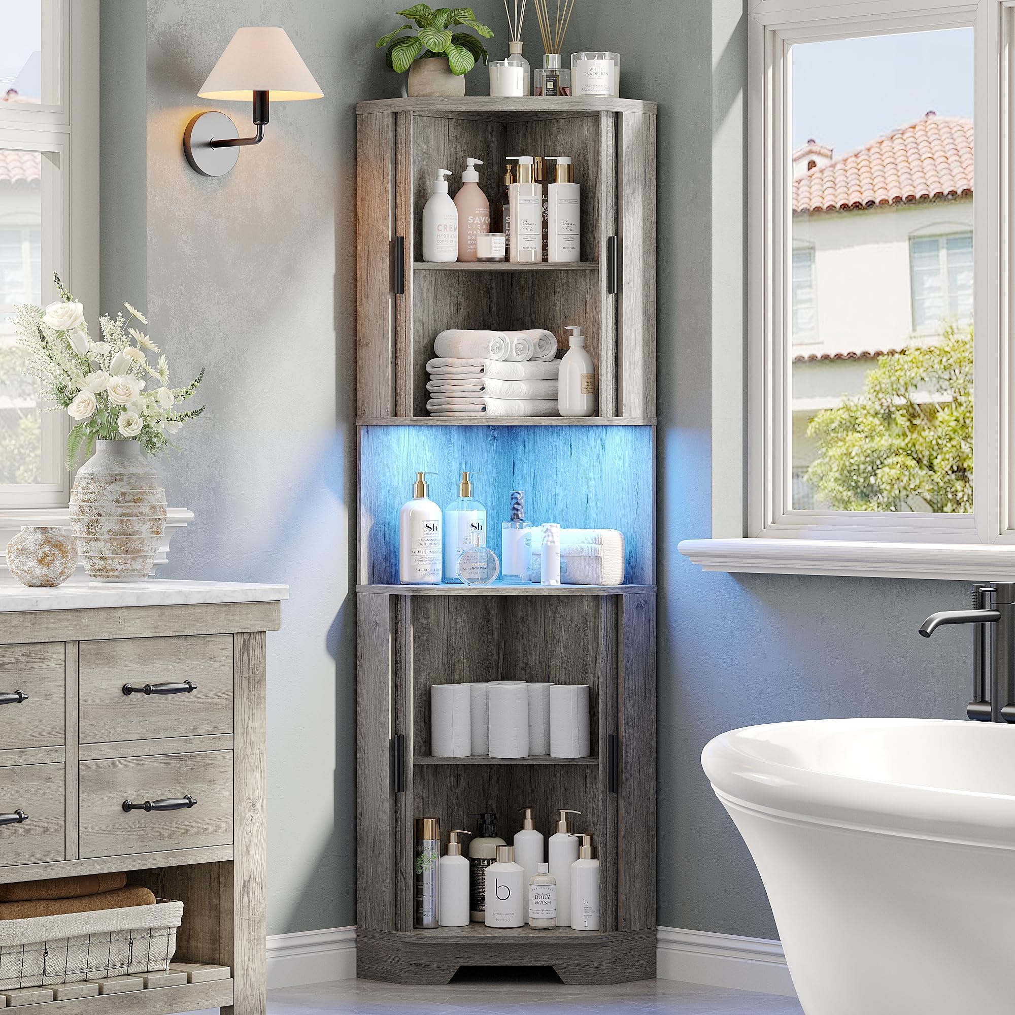 65" Tall Farmhouse Corner Cabinet with Tambour Sliding Doors and 5 Shelves, Standing Display Storage Cabinet with RGB LED Light, Home Space