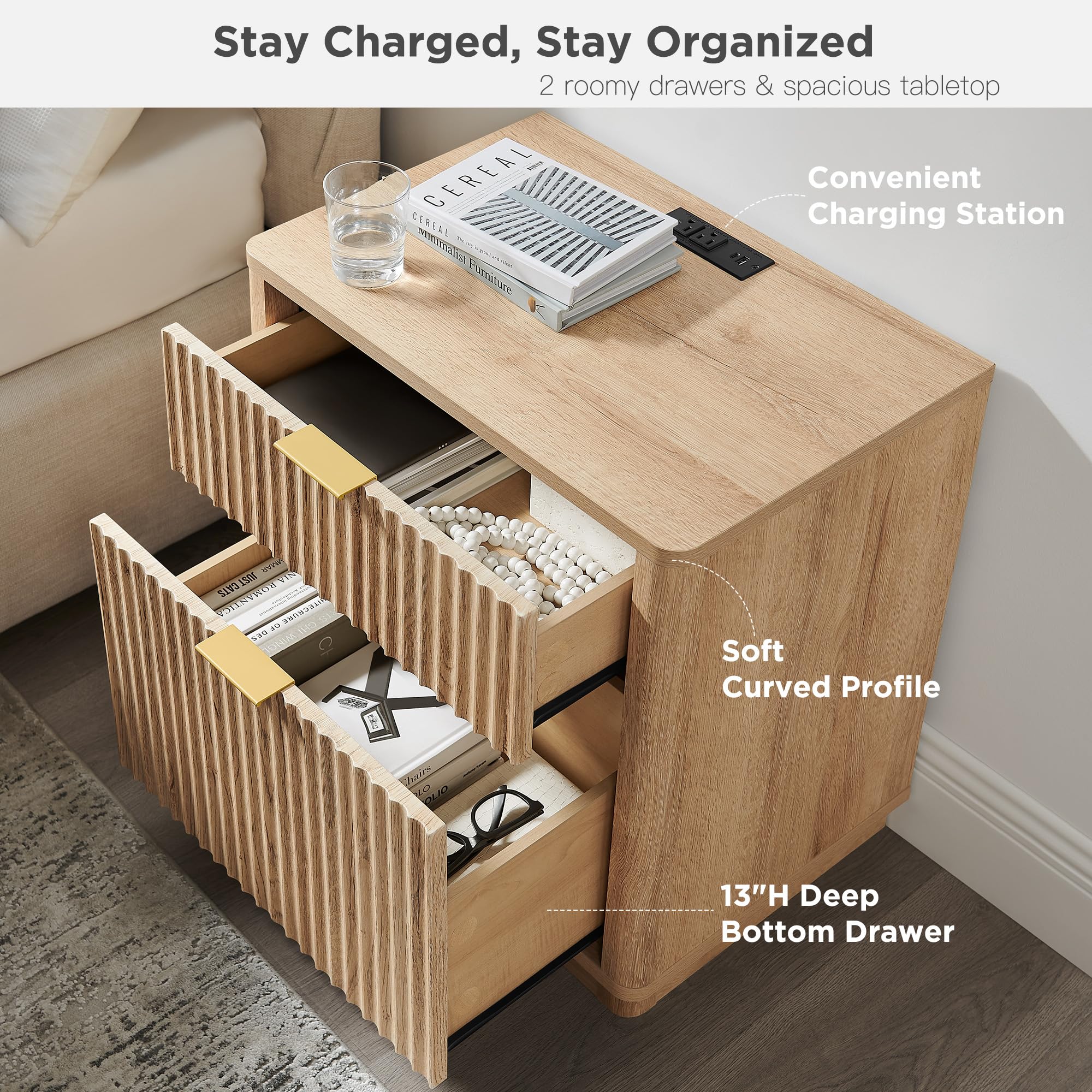 23" Fluted Nightstand with Charging Station, 2-Drawer Bedside Table, Modern End Table for Bedroom & Living Room, Natural Oak Finish