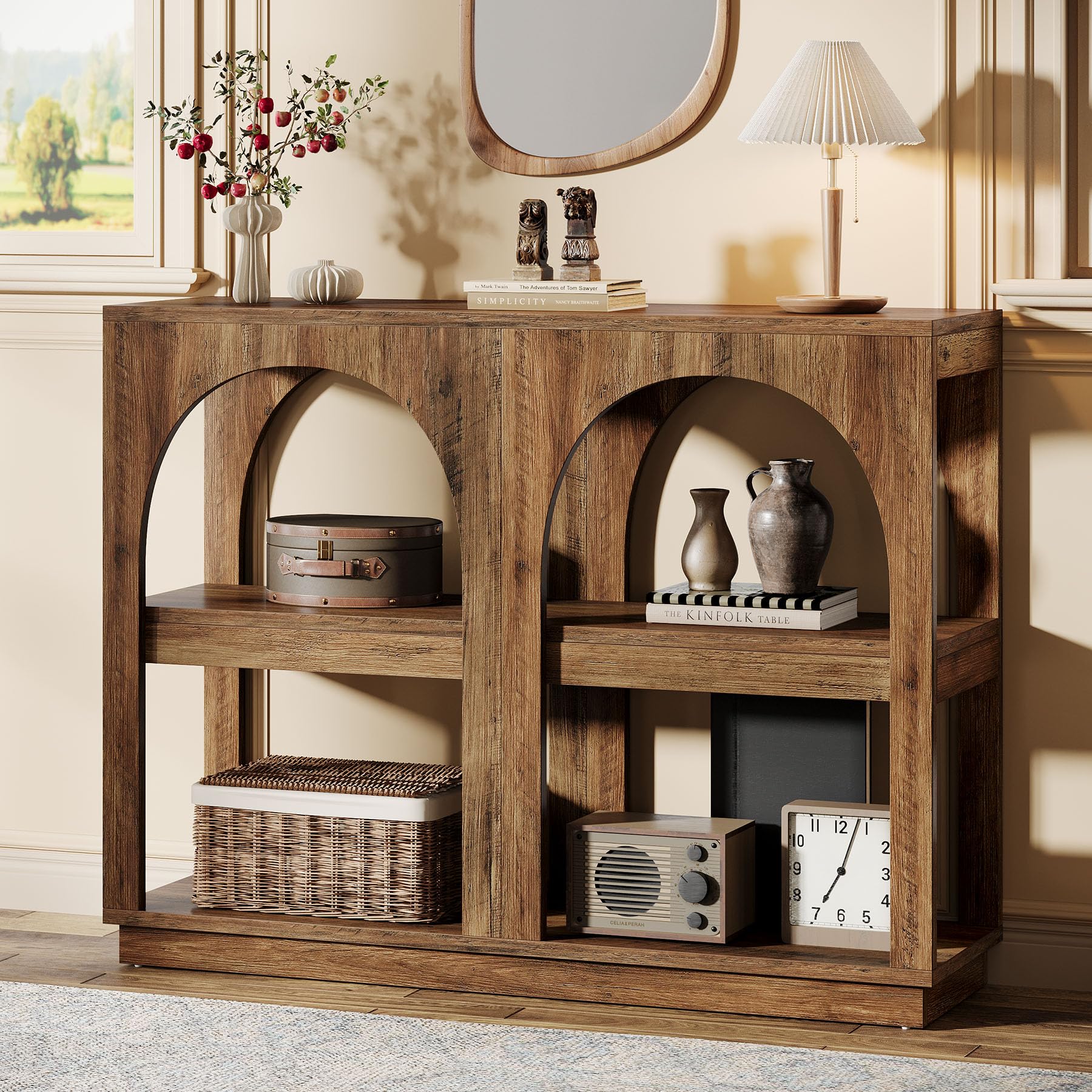 41.3" Narrow Console Table, Mid-Century Modern Entryway Table with Storage, Arched Sofa Table for Small Spaces, Hallway, Living Room, Brown