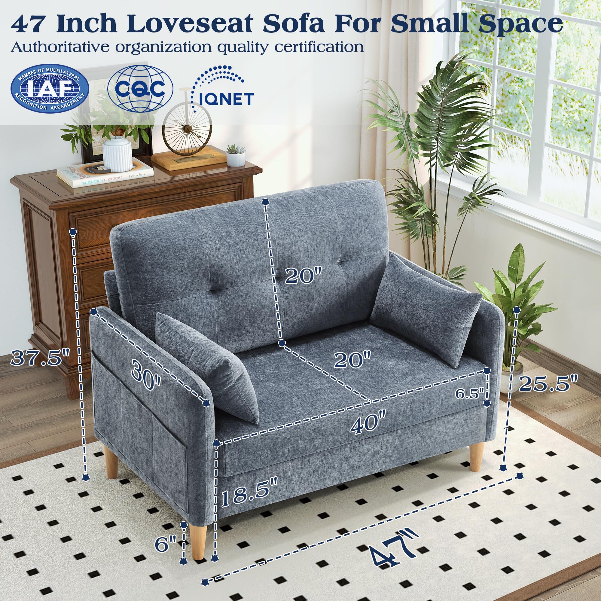 47” Loveseat Sofa, Small Comfy Chenille Couch for Living Room & Bedroom, Removable Cushion Cover with Throw Pillow, Perfect for Small Spaces