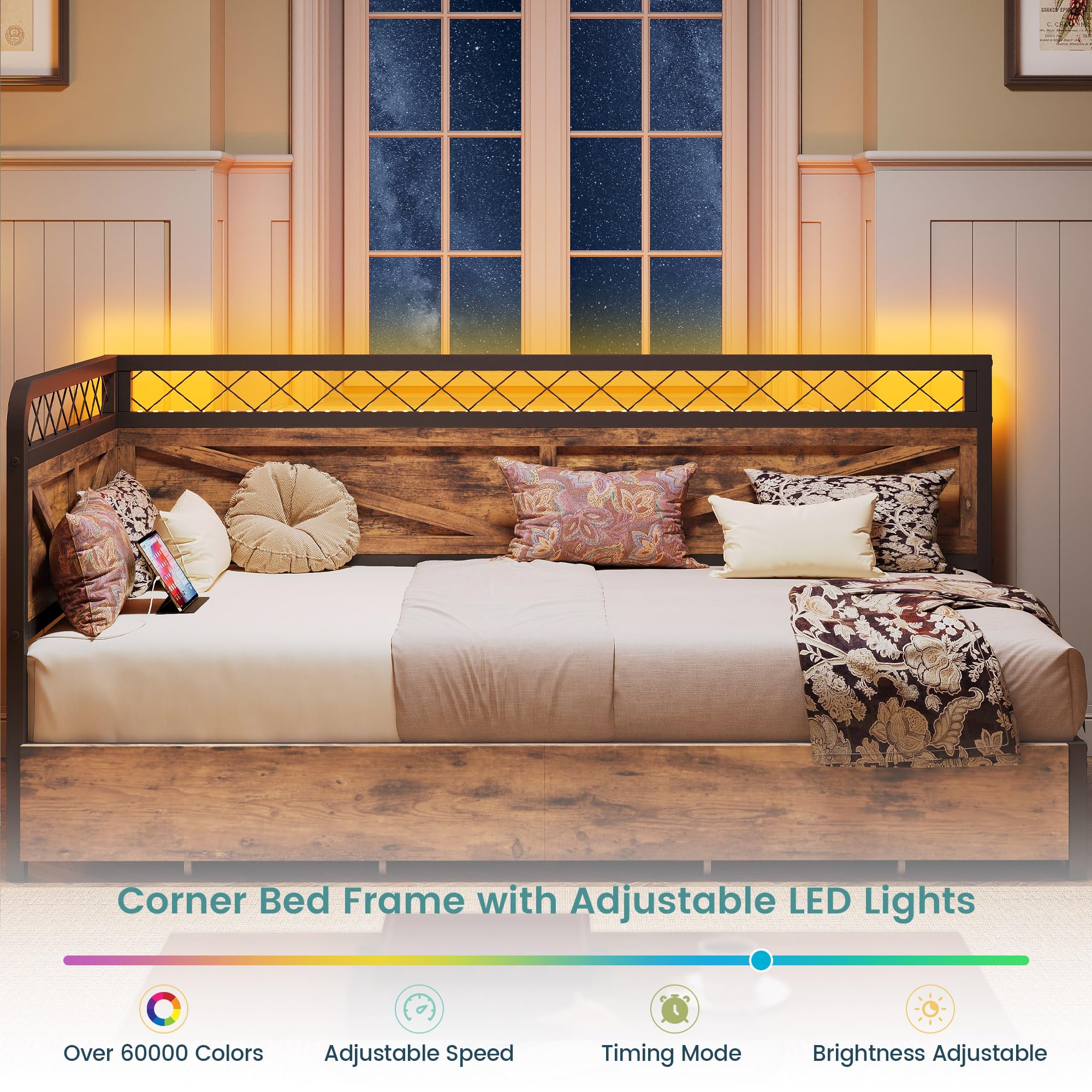 Twin Daybed with Storage Drawers, Corner Bed Frame with LED Lights and Charging Station for Living Room, Bedroom and Guest Room, Industrial Brown