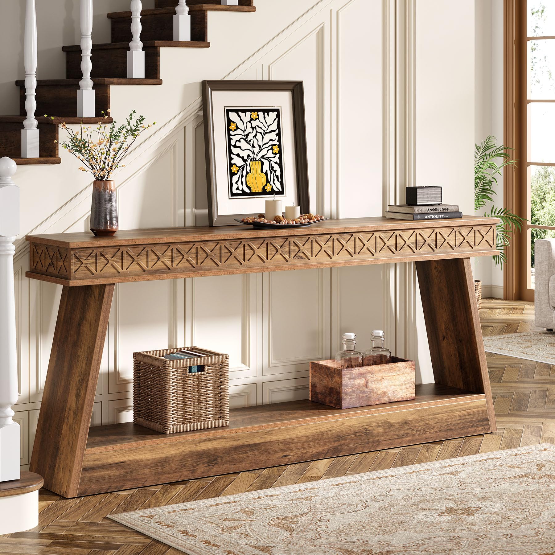 71" Farmhouse Console Table, Extra Long 2-Tier Entryway Table with Storage, Narrow Sofa Table for Living Room, Hallway, Foyer, Rustic Brown
