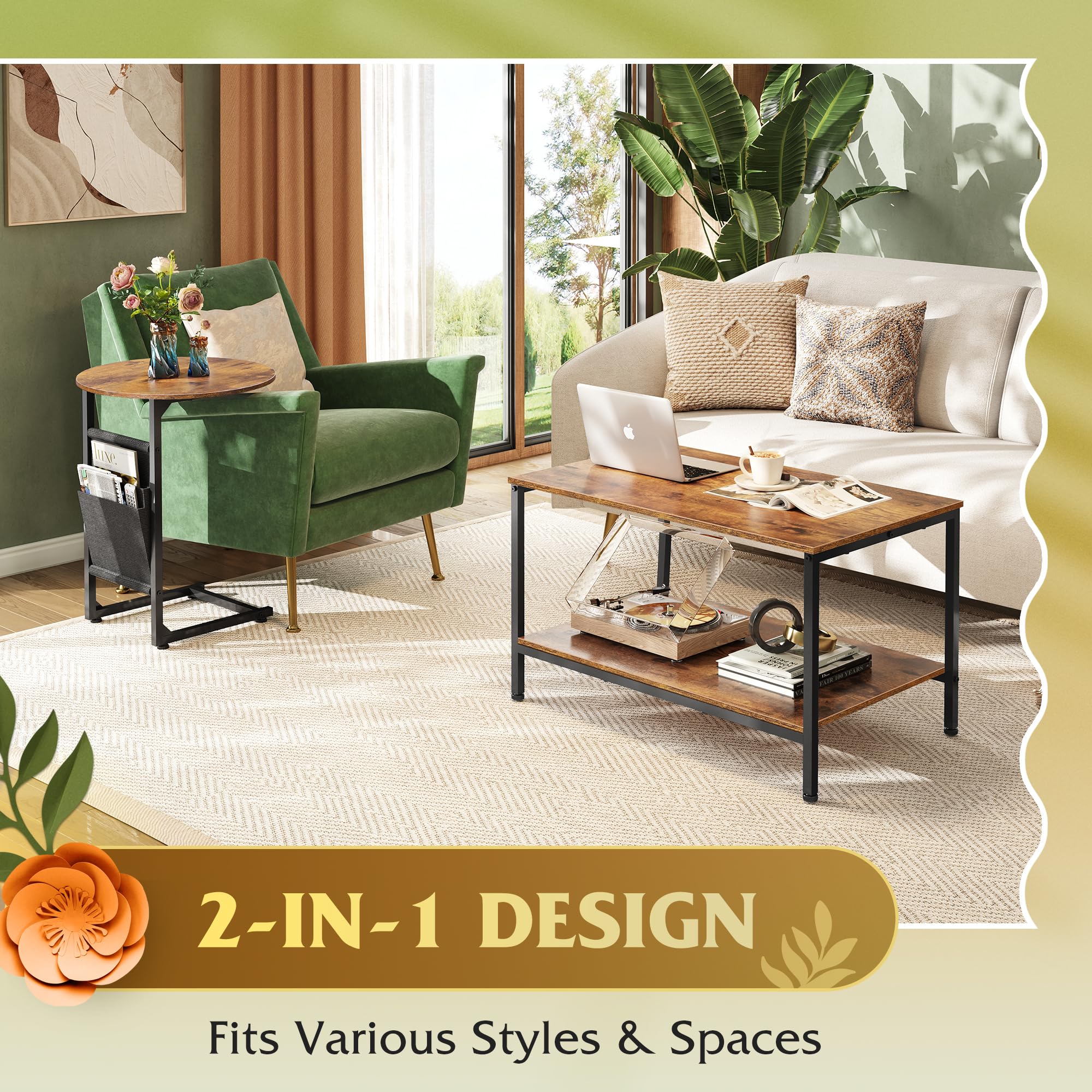 Set of 2 Coffee Tables, 31.3" & 18.7" Modern Center & Side Table with Storage Pouch for Living Room, Bedroom, Apartment, Rustic Brown
