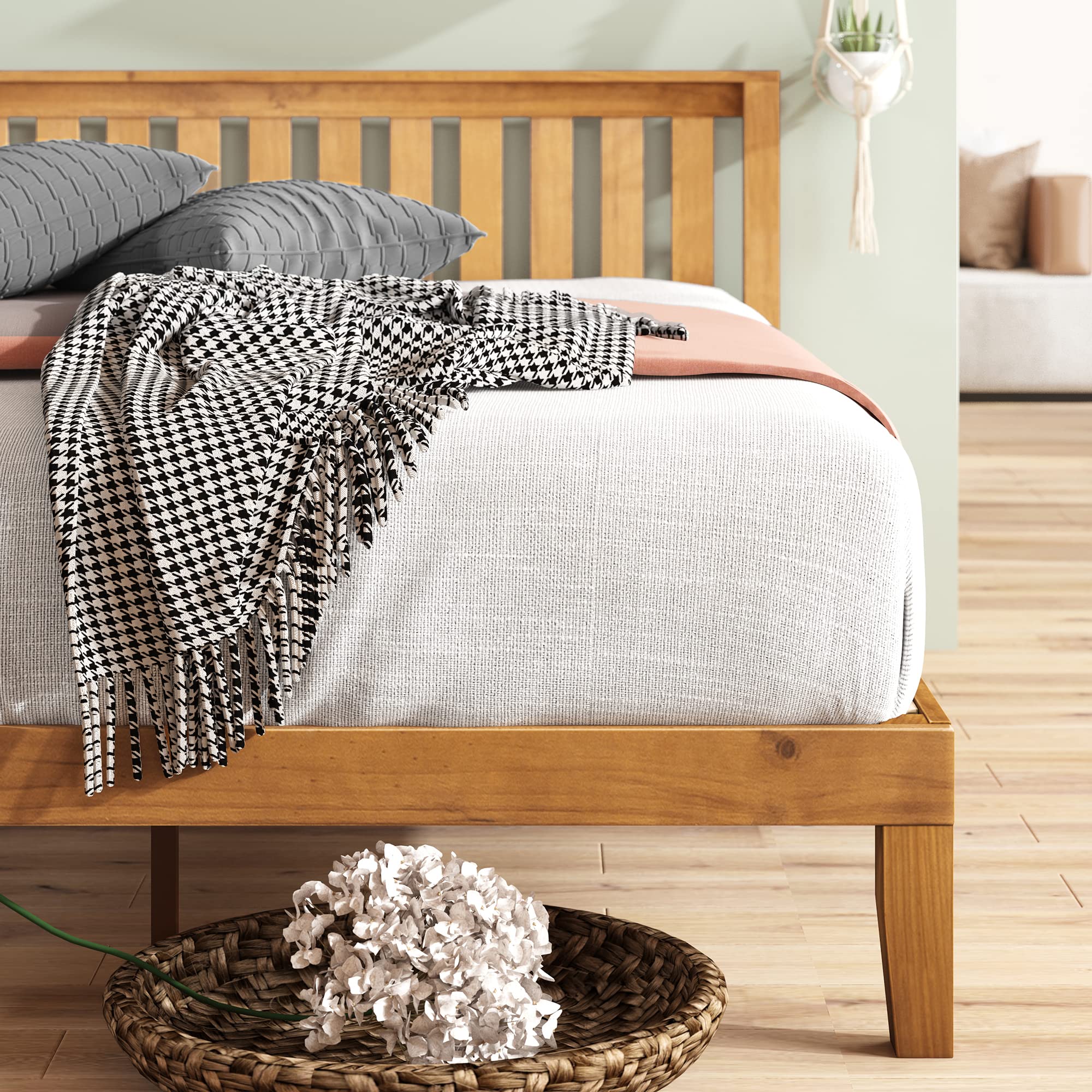Zinus 12 Inch Solid Wood Platform Bed with Headboard/No Box Spring Needed/Wood Slat Support/Rustic Pine Finish, Queen