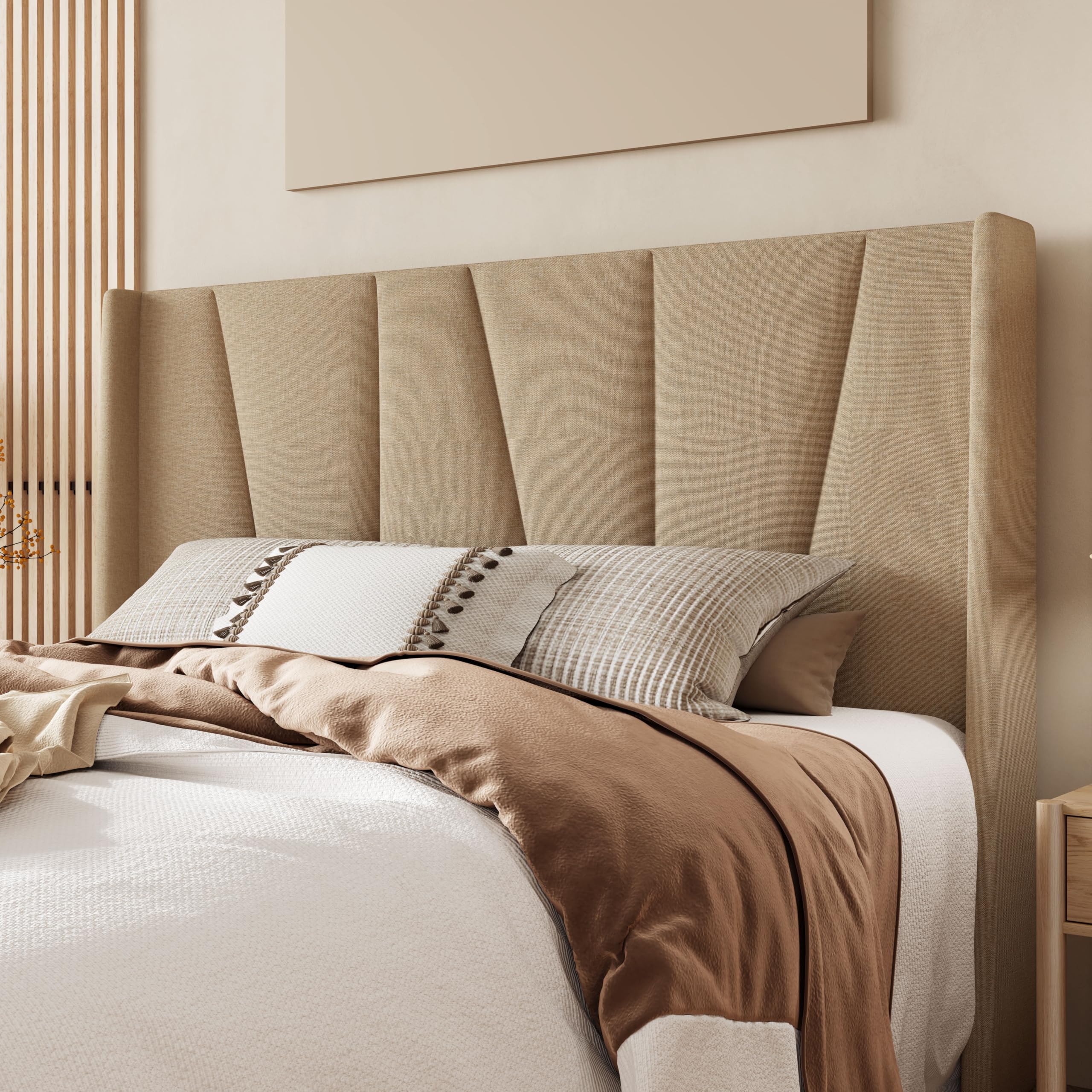 Queen Size Platform Bed Frame with Geometric Wingback Headboard, Modern Upholstered Bed with Wooden Slats Support, , , Beige