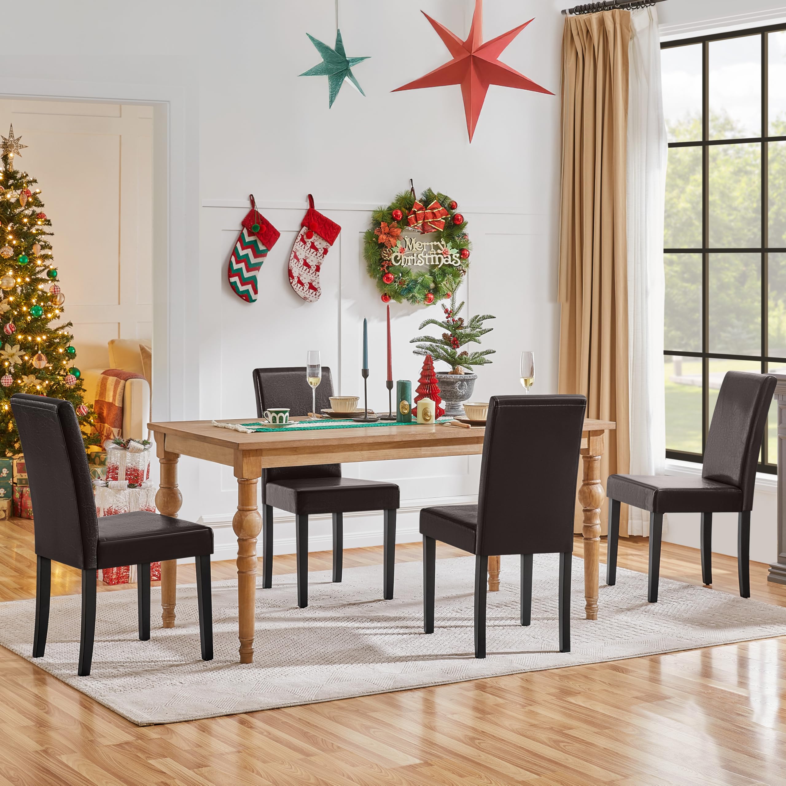 Dining Chairs Set of 4 PU Leather Dining Room Chairs with Waterproof Surface and Wood Legs for Kitchen Restaurant and Living Room, Dark Brown