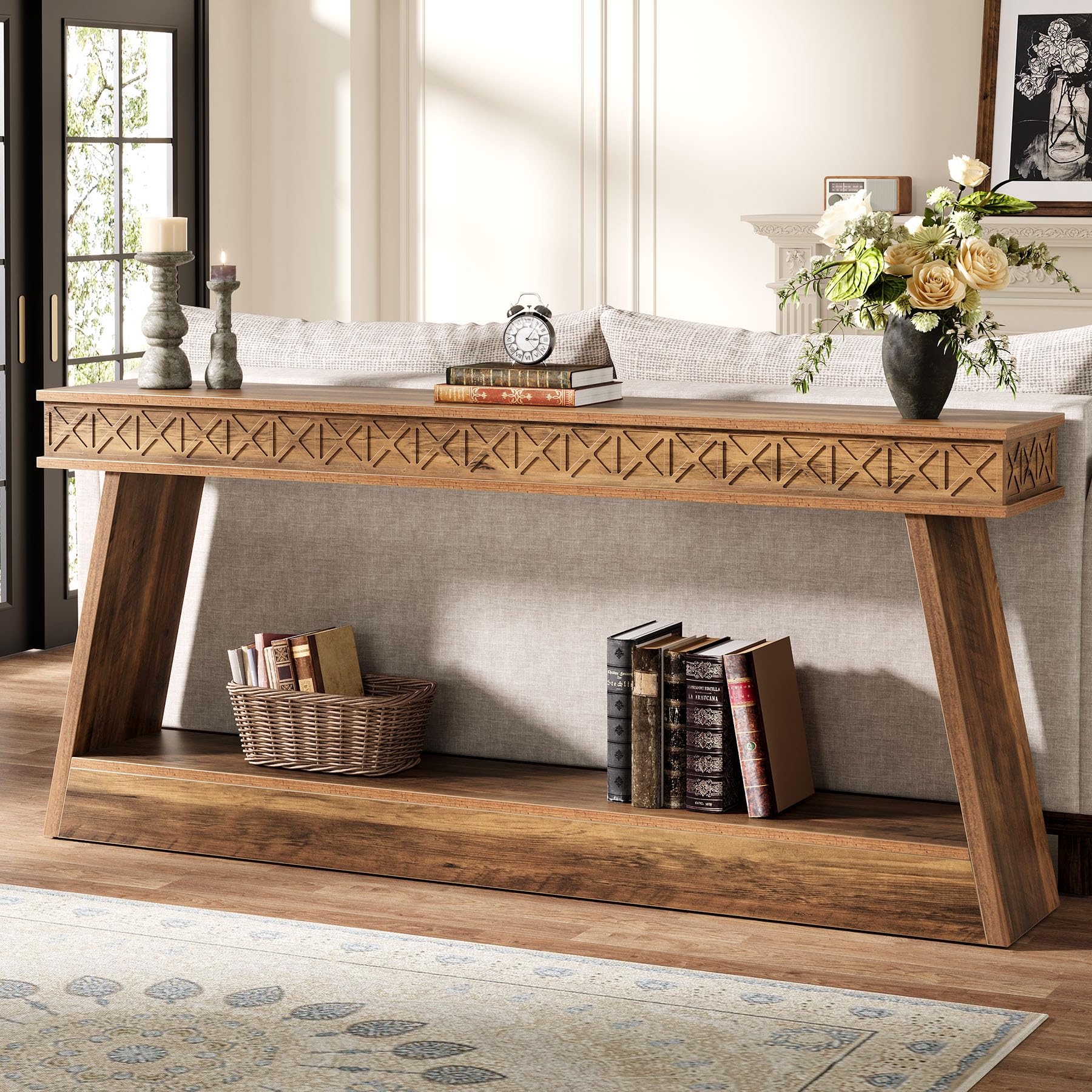 71" Farmhouse Console Table, Extra Long 2-Tier Entryway Table with Storage, Narrow Sofa Table for Living Room, Hallway, Foyer, Rustic Brown