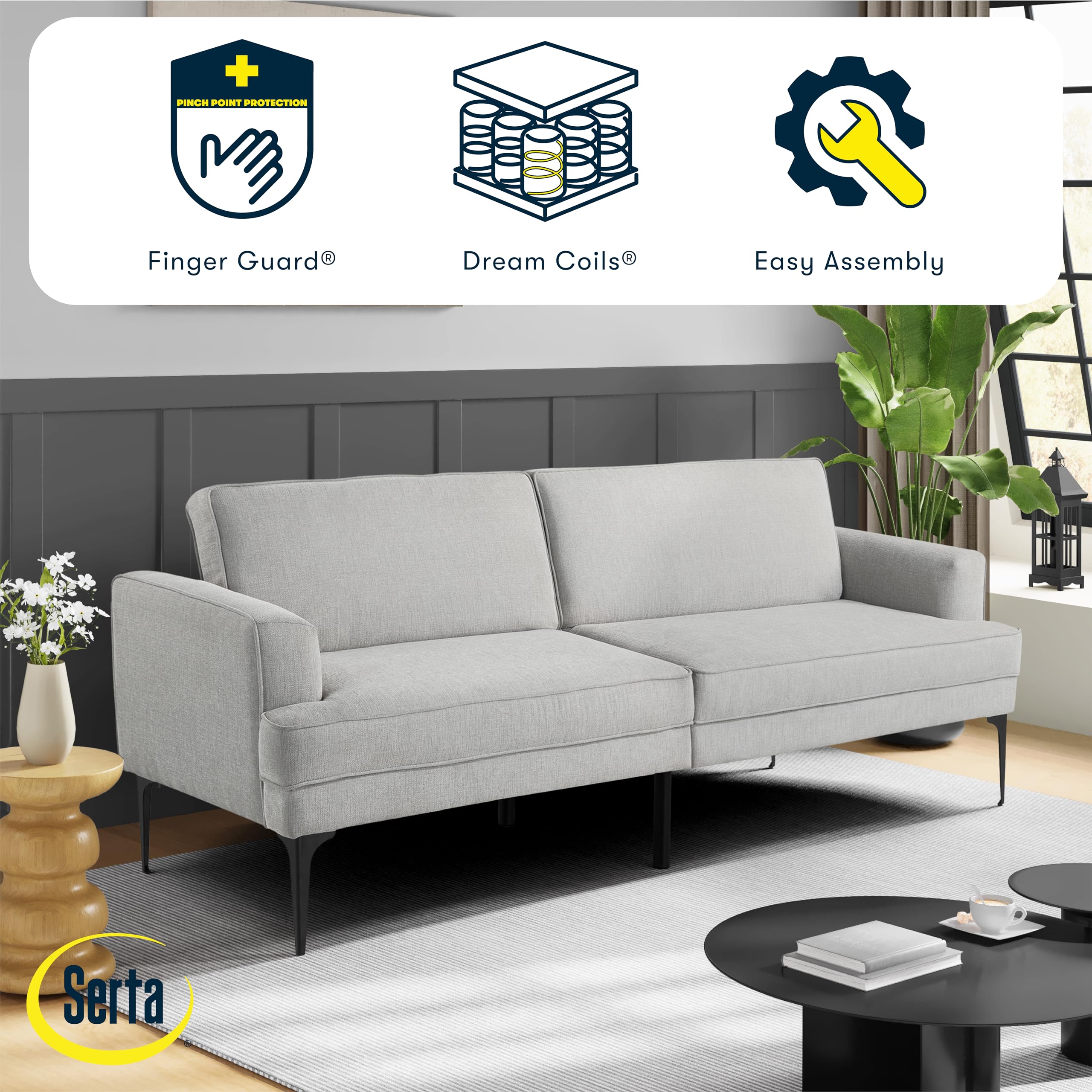 Paulsen 83.1" Split Back Convertible Futon Sofa, Dreamcoil® Comfort, FingerGuard® Pinch Point Protection, Woven Polyester Fabric, Light Gray
