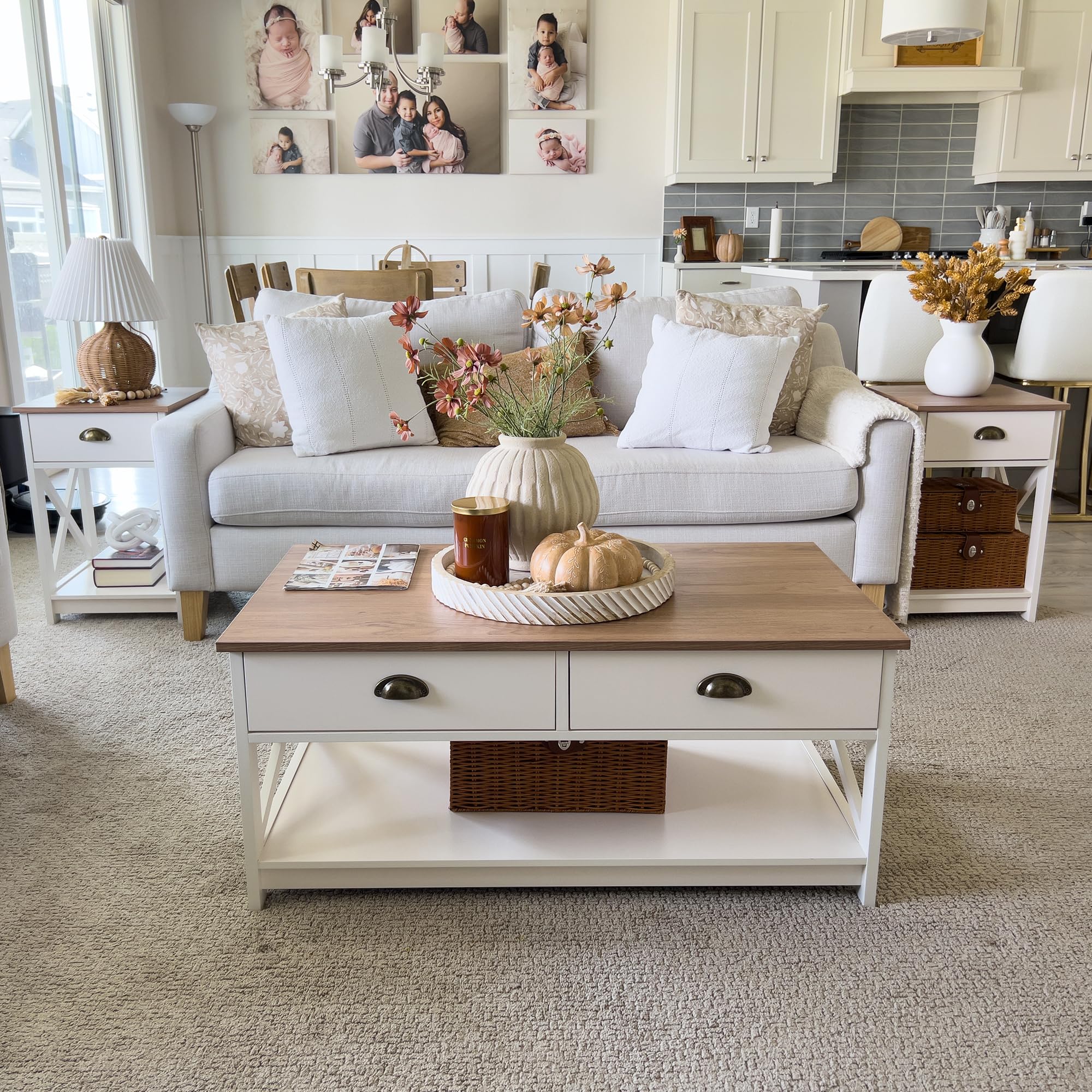 End Table Living Room Set of 2 - Farmhouse Bedroom Nightstands Small Bedside Table, Ivory White Side Table