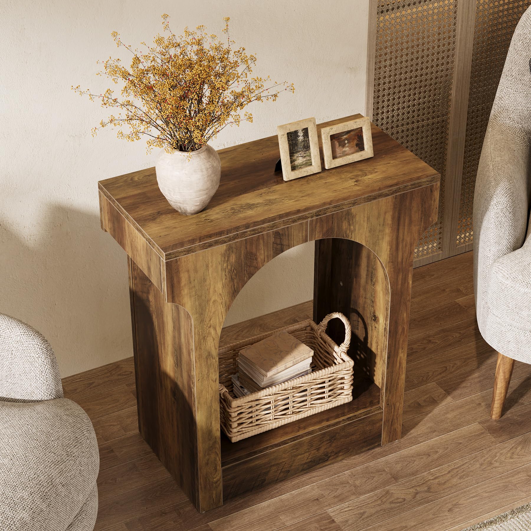 Wood End Table Set of 2, Side Table with Storage Space for Living Room, Narrow Nightstand for Bedroom, Rustic Brown