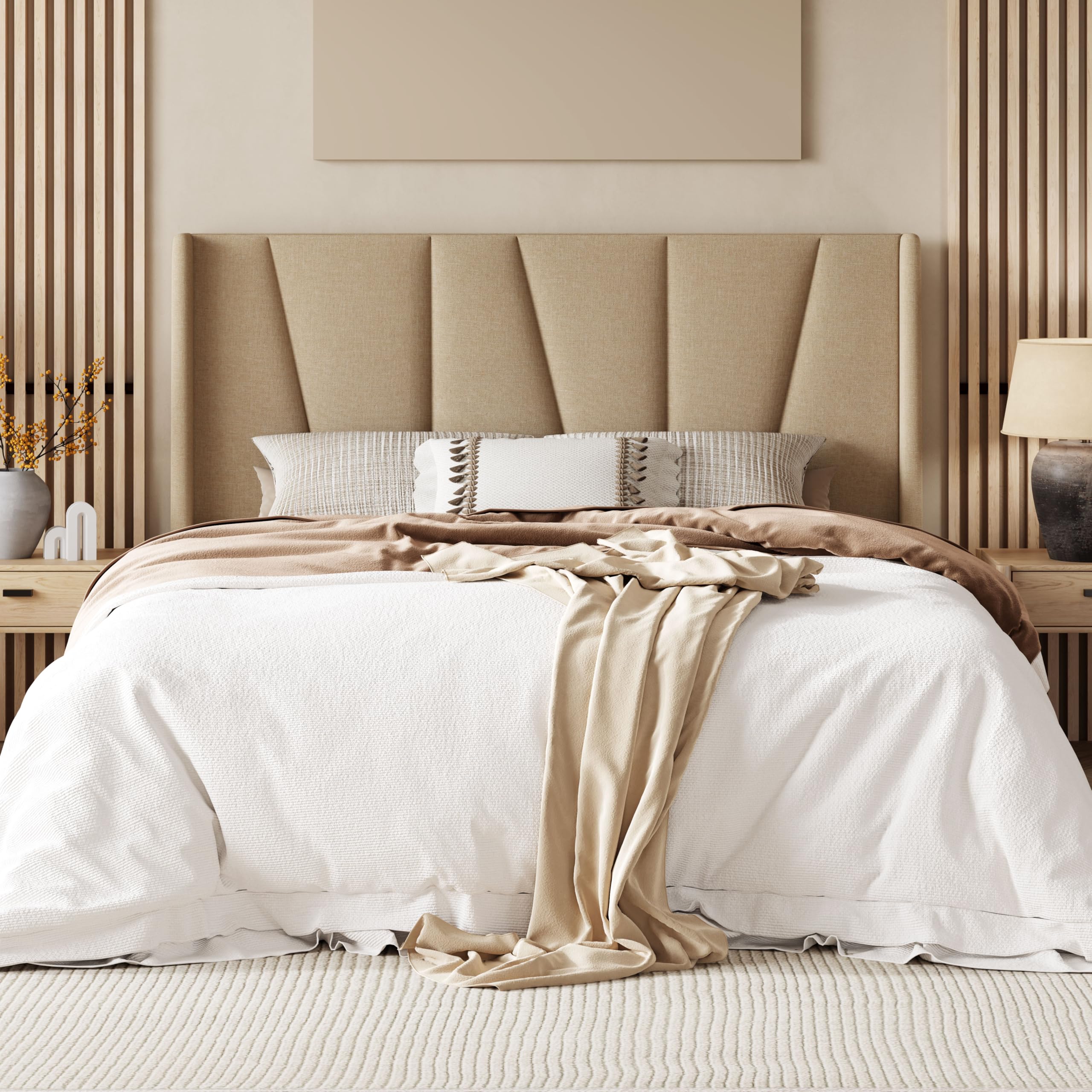 Queen Size Platform Bed Frame with Geometric Wingback Headboard, Modern Upholstered Bed with Wooden Slats Support, , , Beige