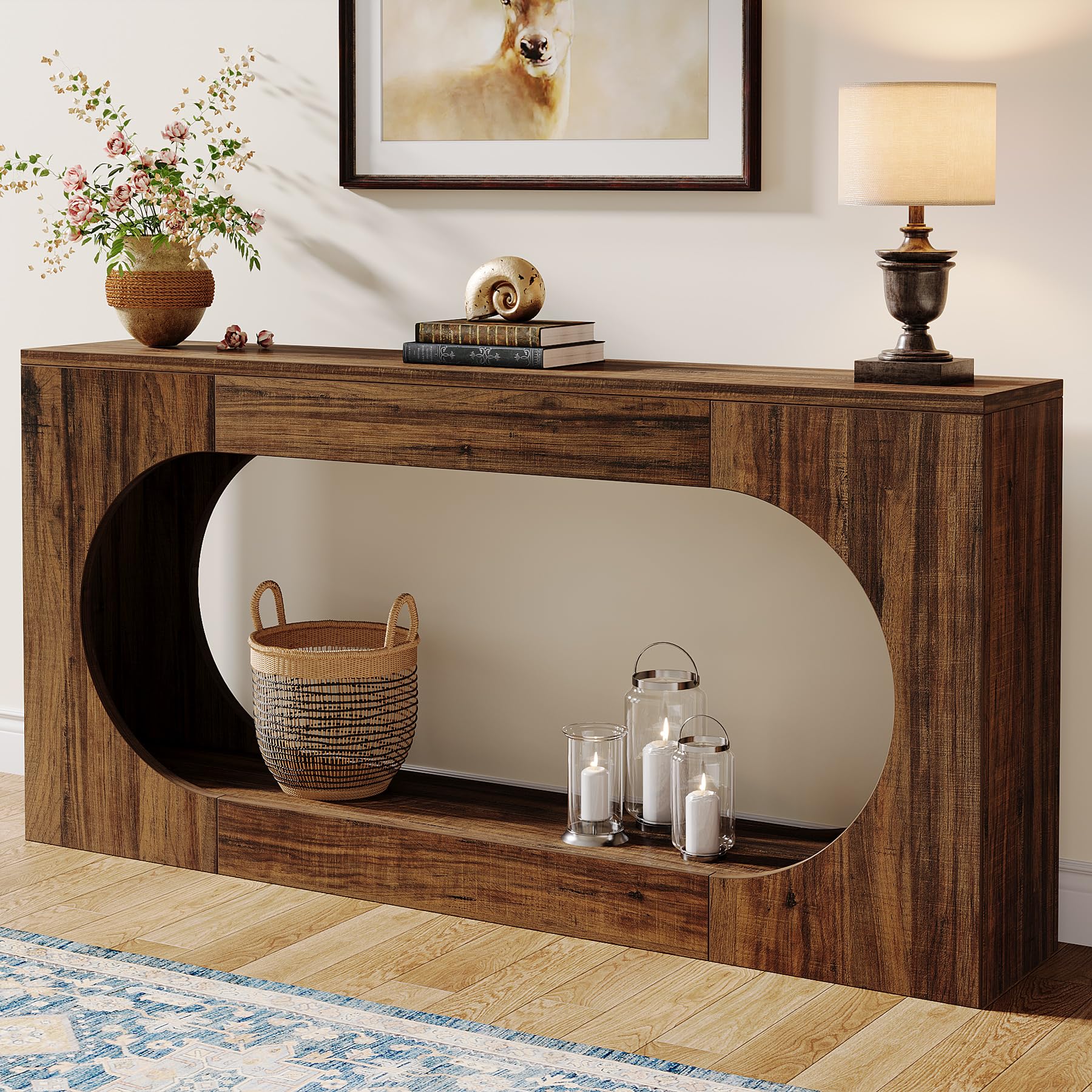 Console Table, 63 Inches Narrow Sofa Entryway Table with 2-Tier Storage Shelf, Hallway Behind Couch Table Accent Table for Living Room, Rustic Brown
