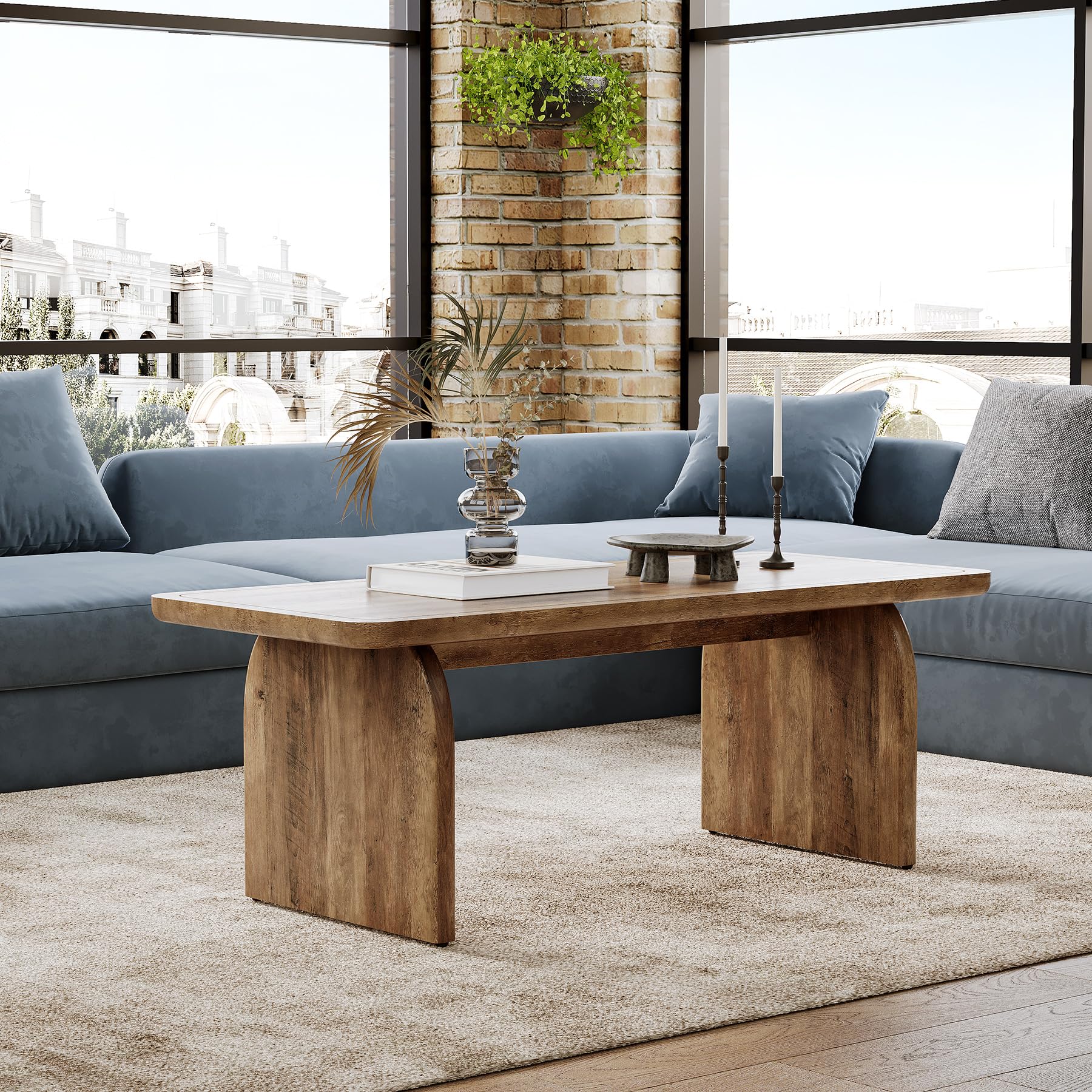 Farmhouse Coffee Table – 47" Rustic Brown Wood Center Table with Rounded Corners, Modern Rectangular Tea Table for Living Room