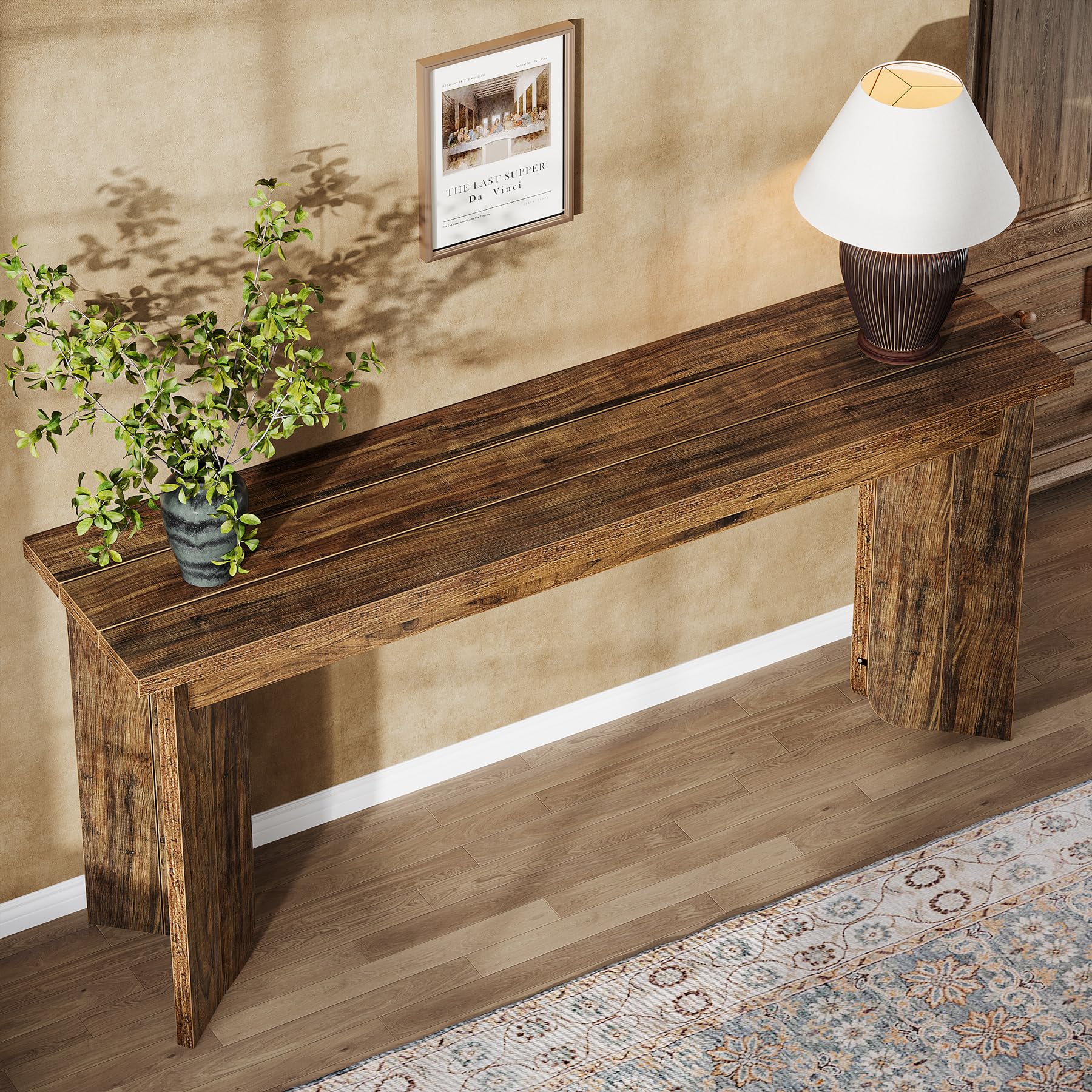 70.9" Wooden Sofa Console Table, Extra Long Farmhouse Entryway Table with Widened Top & Double Pedestal Base for Living Room, Rustic Brown